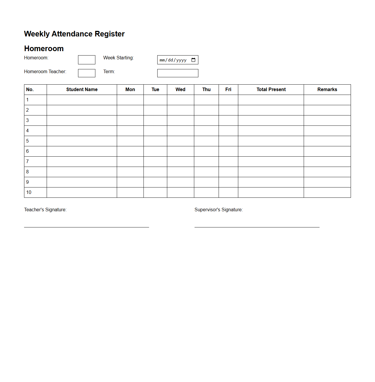 Weekly Attendance Register for Homeroom