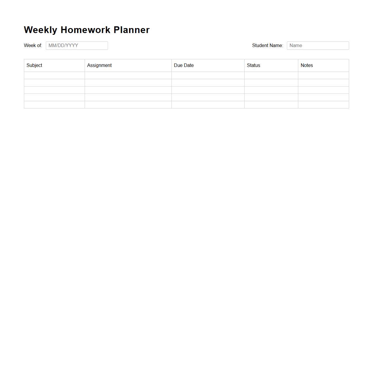 Weekly Homework Planner for Academic Subjects