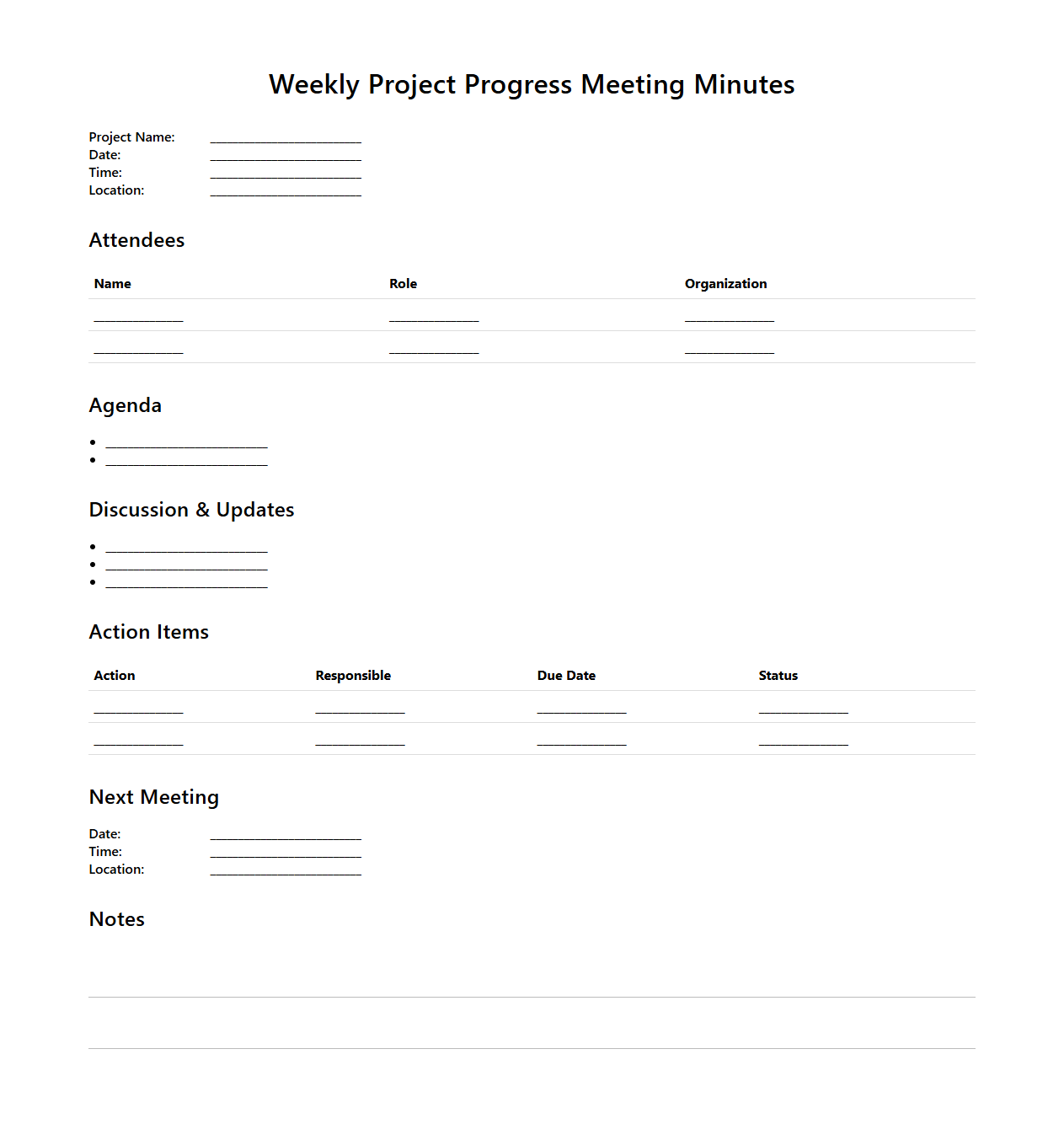 Weekly Project Progress Meeting Minutes Layout
