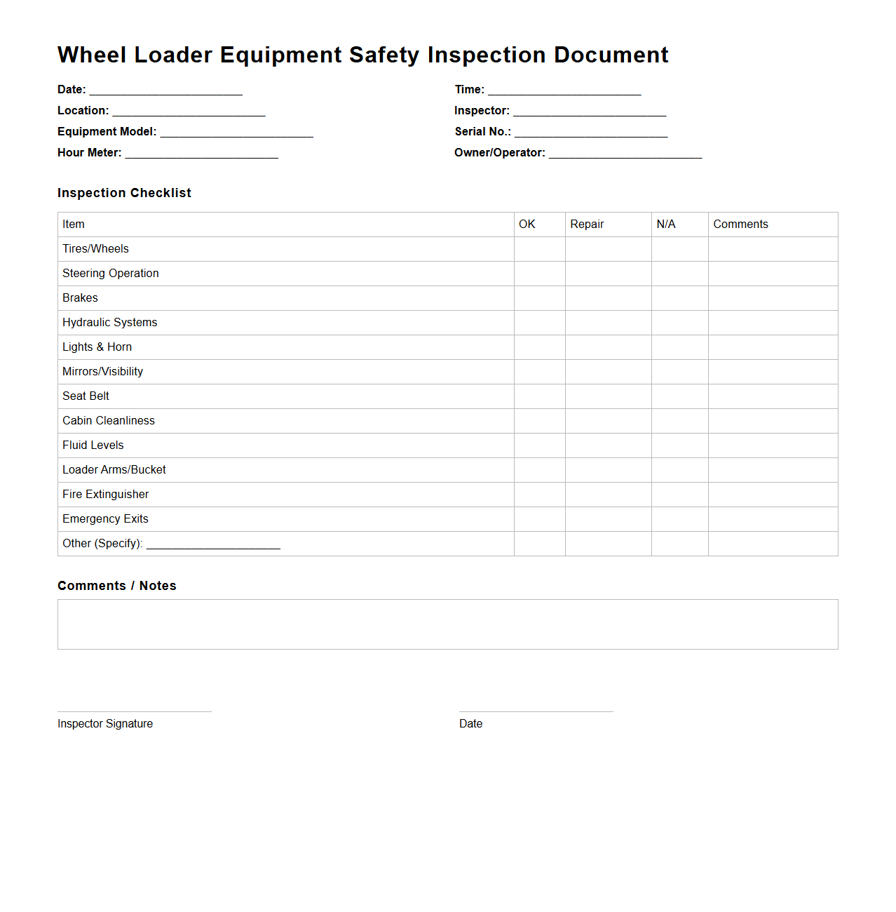 Wheel Loader Equipment Safety Inspection Document