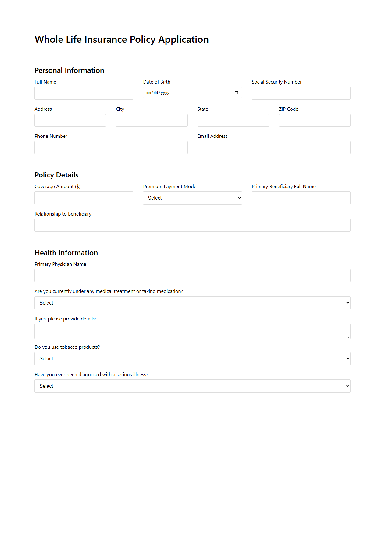 Whole Life Insurance Policy Application Example