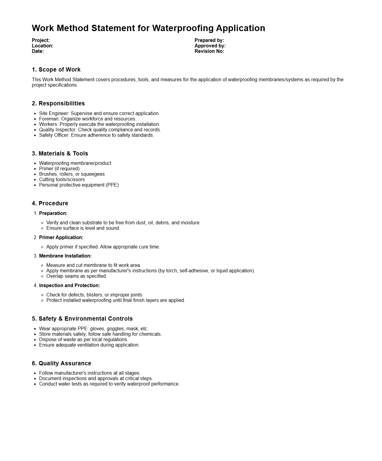 Work Method Statement for Waterproofing Application