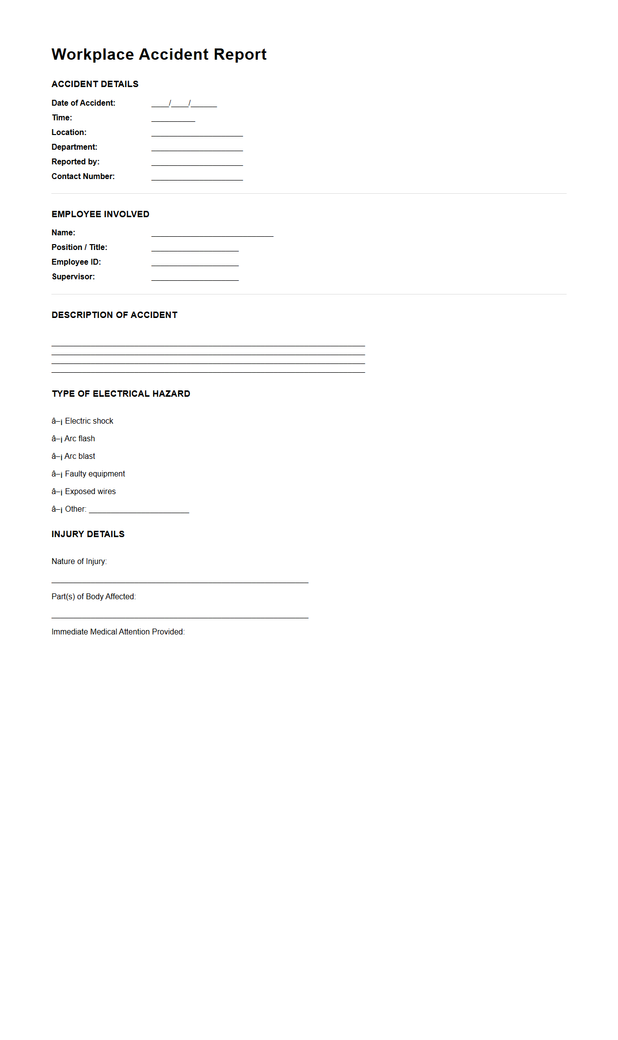 Workplace Accident Report Example for Electrical Hazards