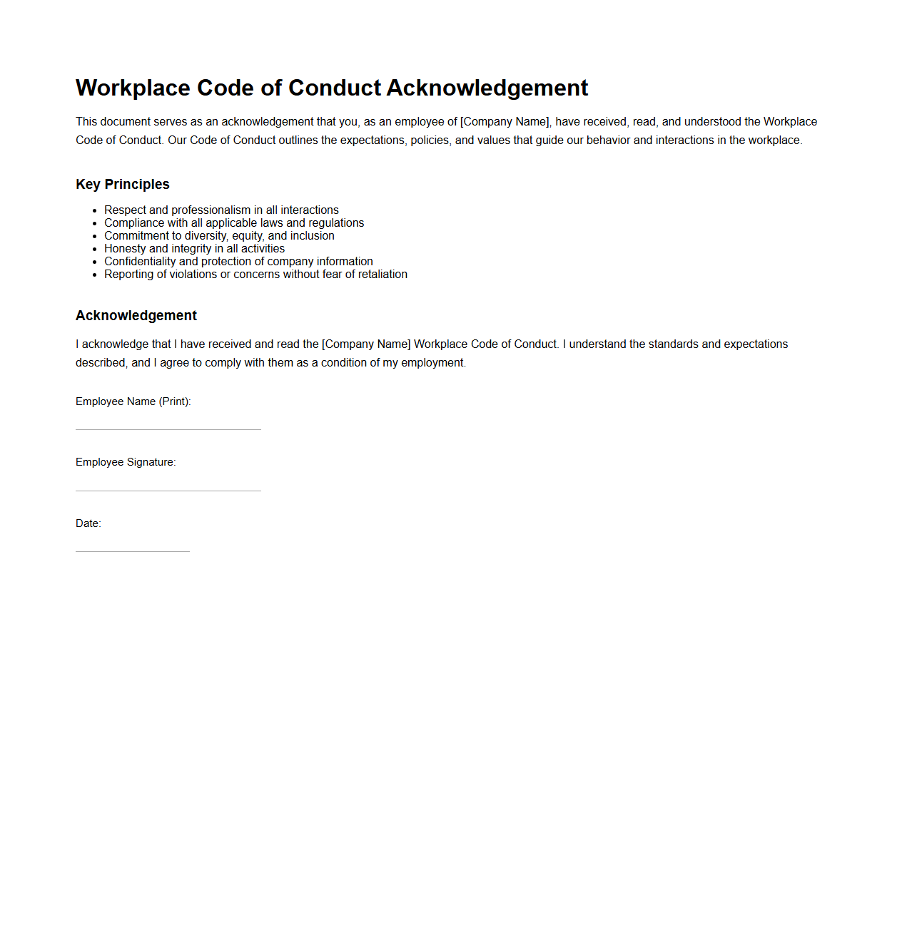 Workplace Code of Conduct Acknowledgement Sample