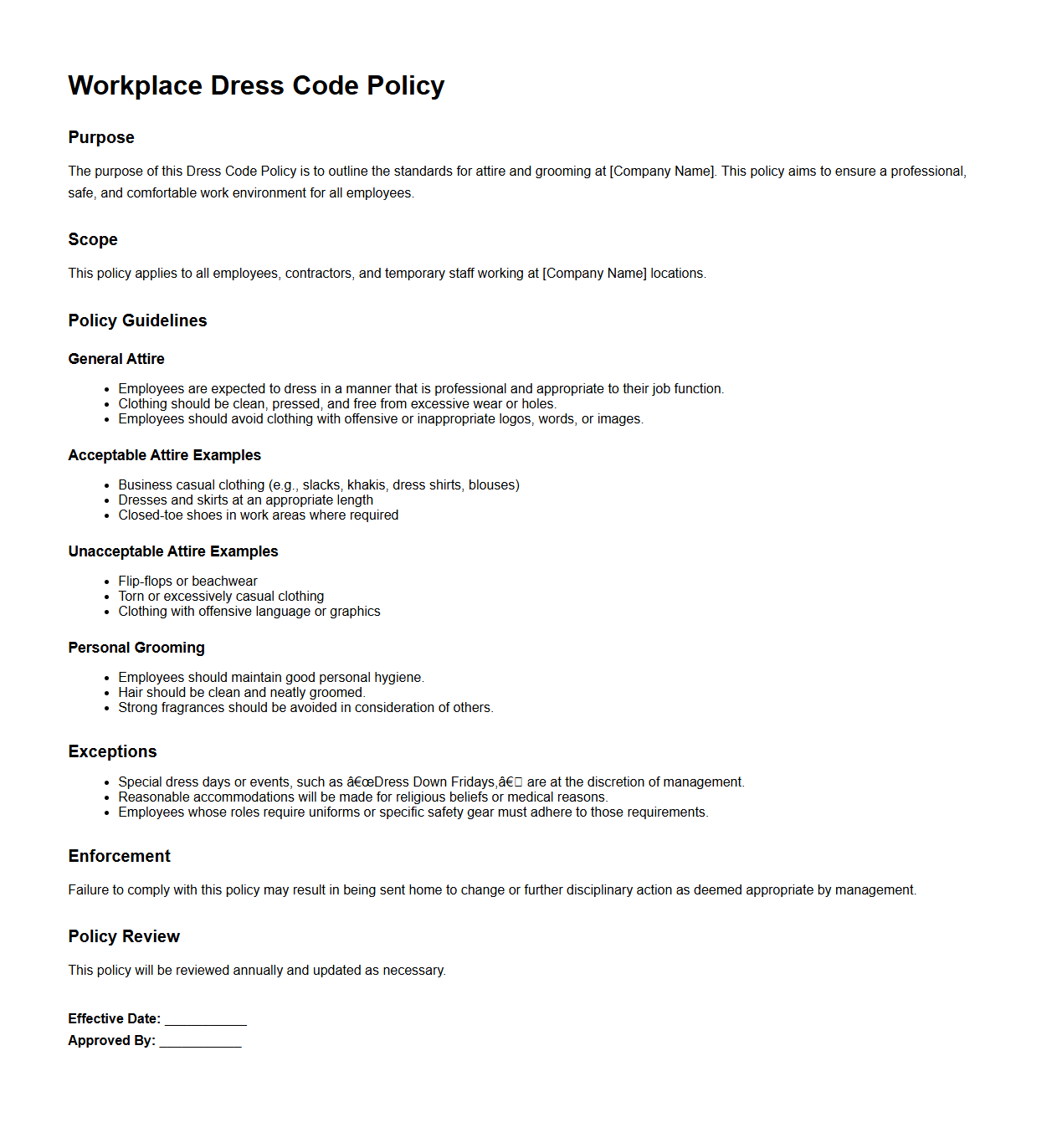 Workplace Dress Code Policy Template