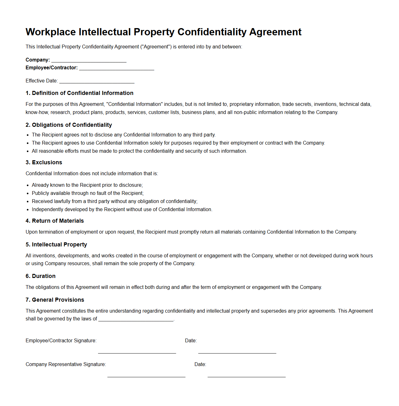 Workplace Intellectual Property Confidentiality Template