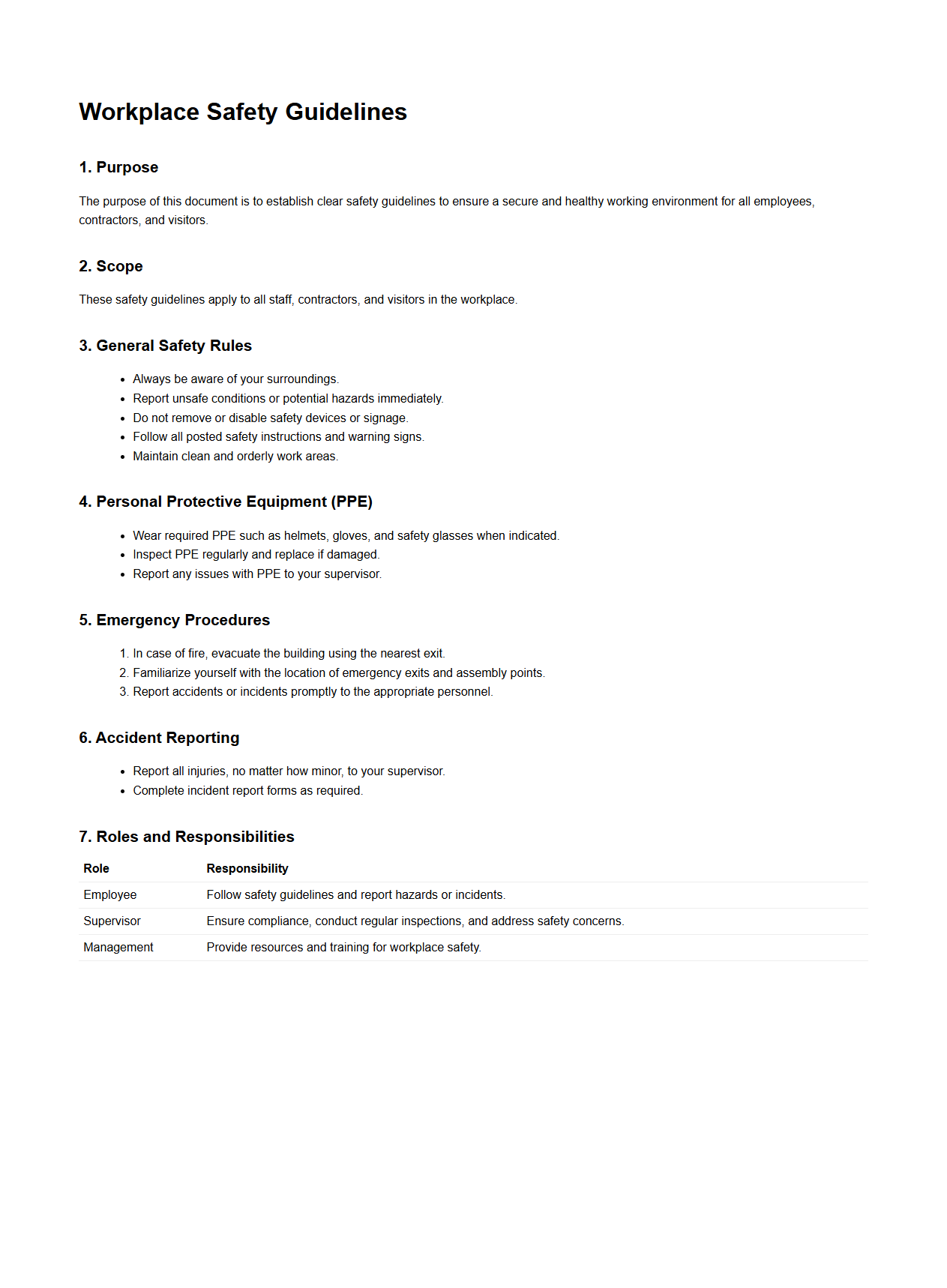 Workplace Safety Guidelines Document