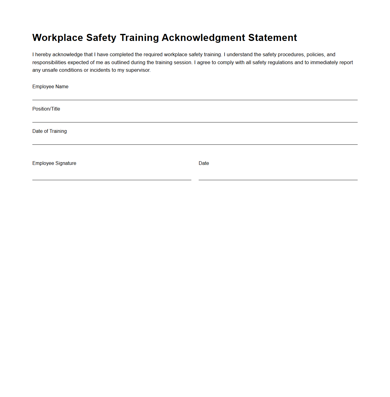 Workplace Safety Training Acknowledgment Statement