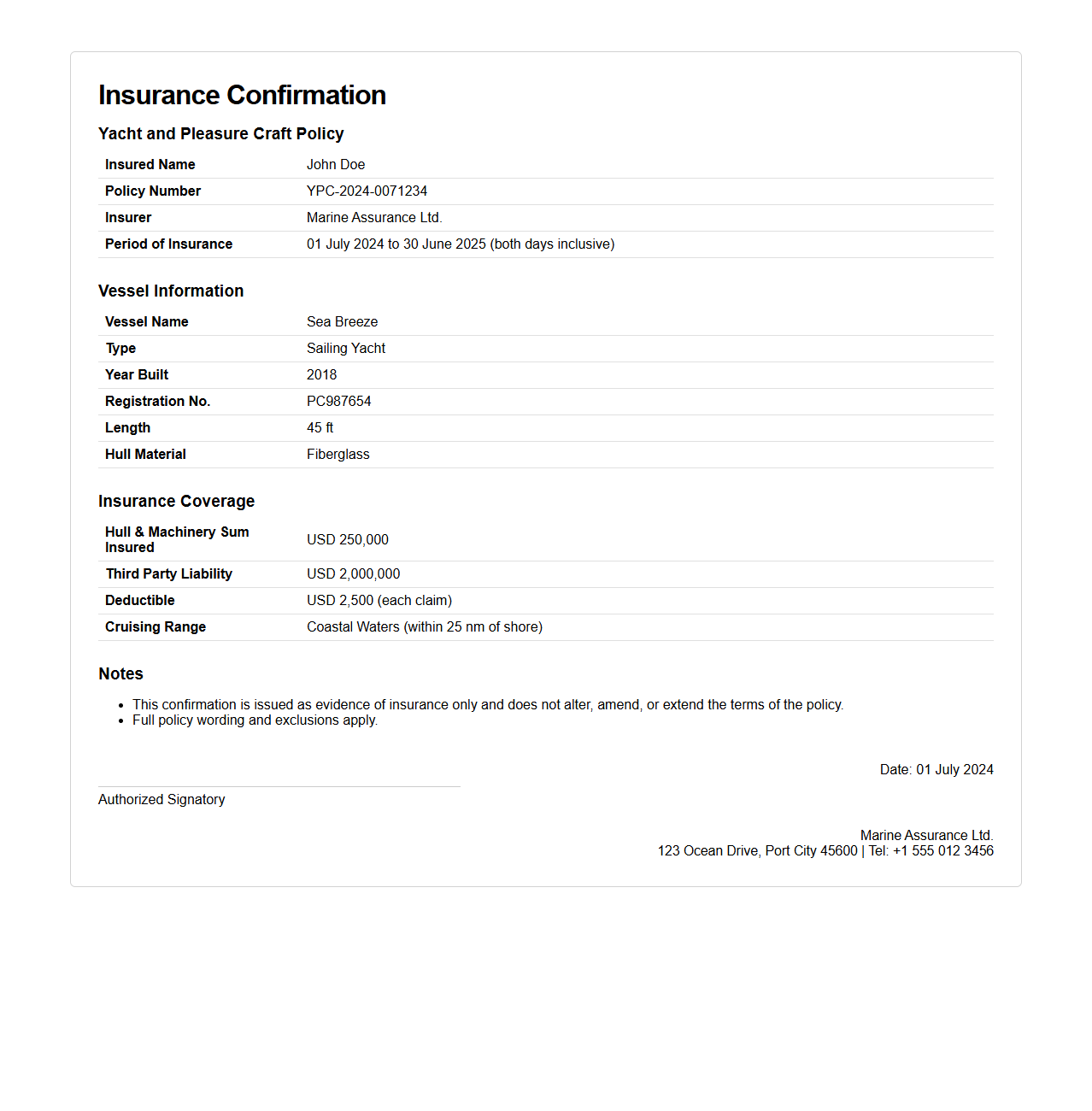 Yacht and Pleasure Craft Insurance Confirmation Example