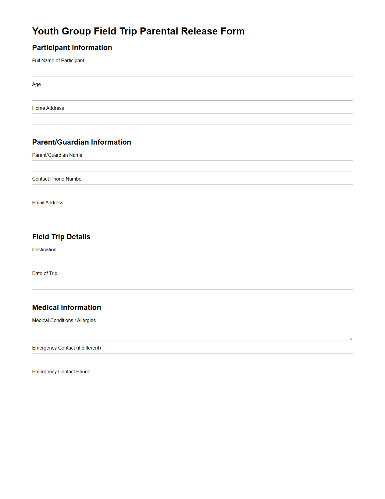 Youth Group Field Trip Parental Release