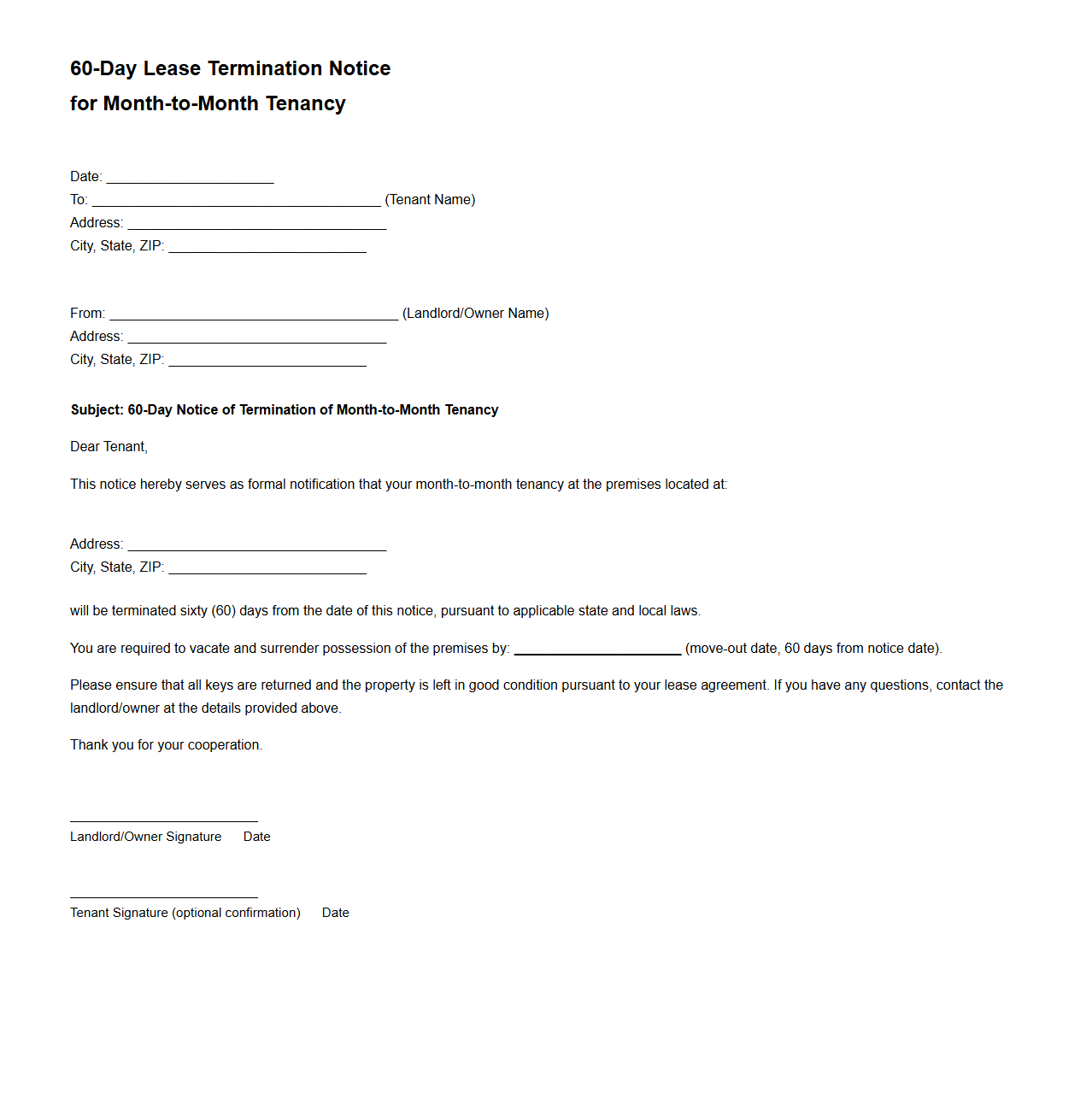 60-Day Lease Termination Notice for Month-to-Month Tenancy