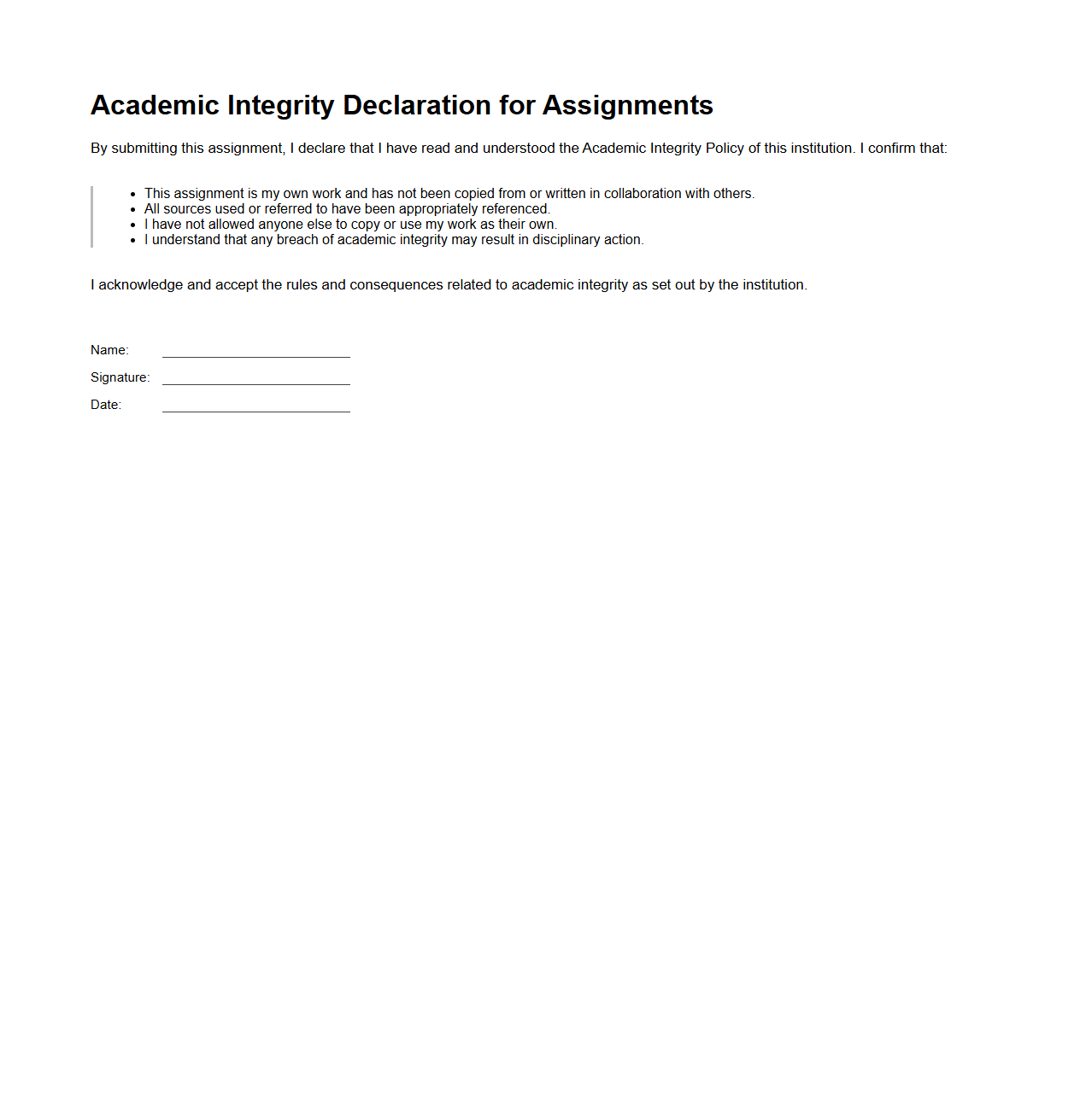 Academic Integrity Declaration for Assignments