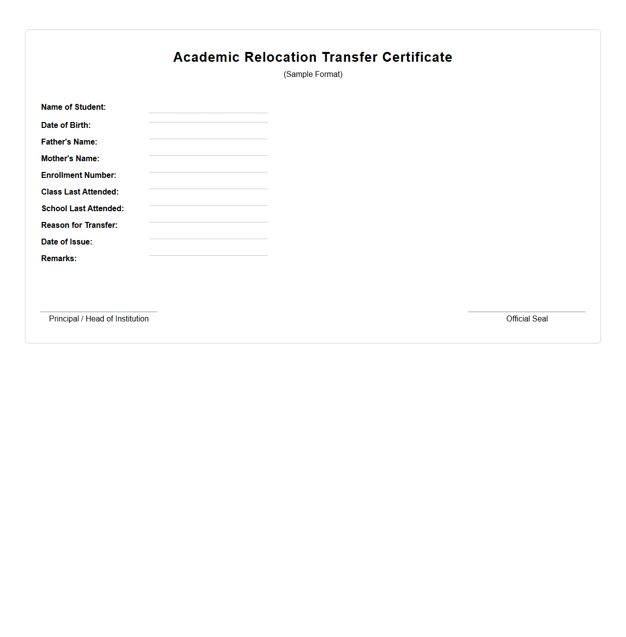 Academic Relocation Transfer Certificate Sample