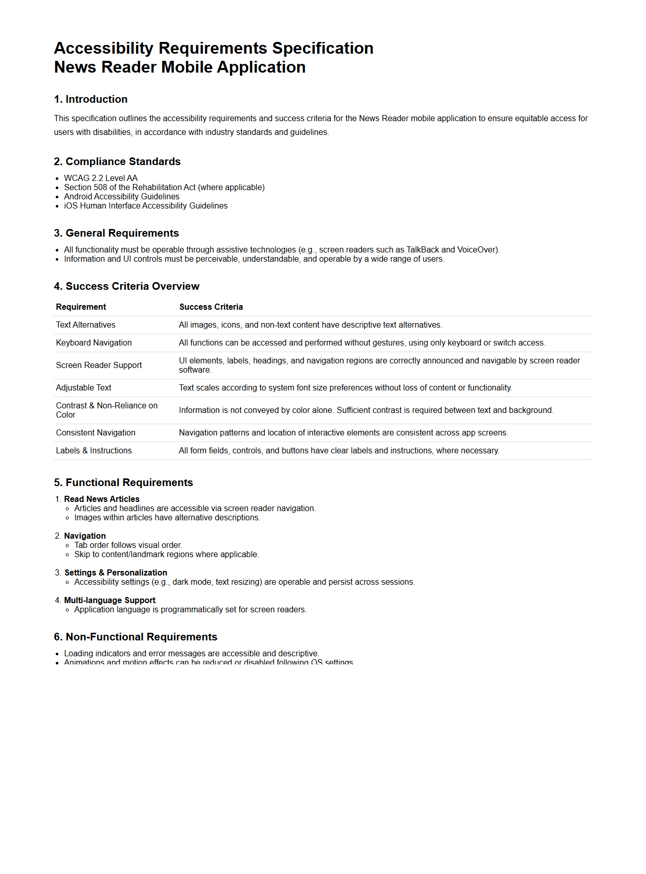 Accessibility Requirements Specification for News Reader Mobile Application