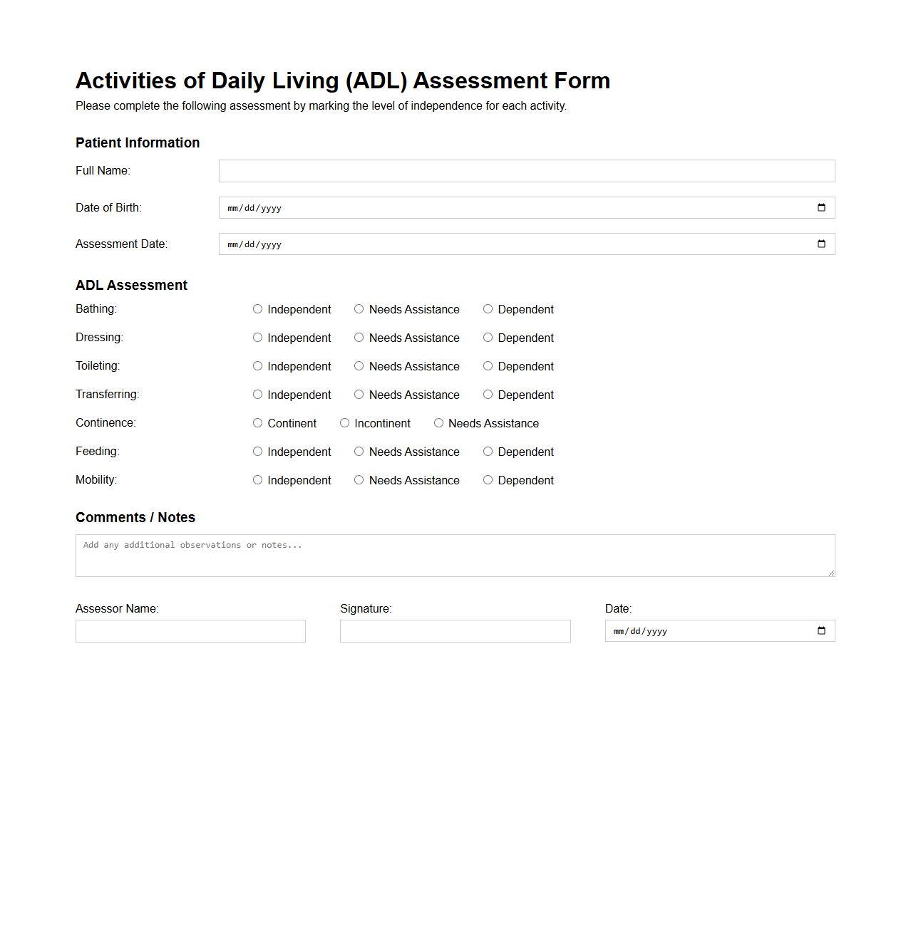 Activities of Daily Living (ADL) Assessment Form