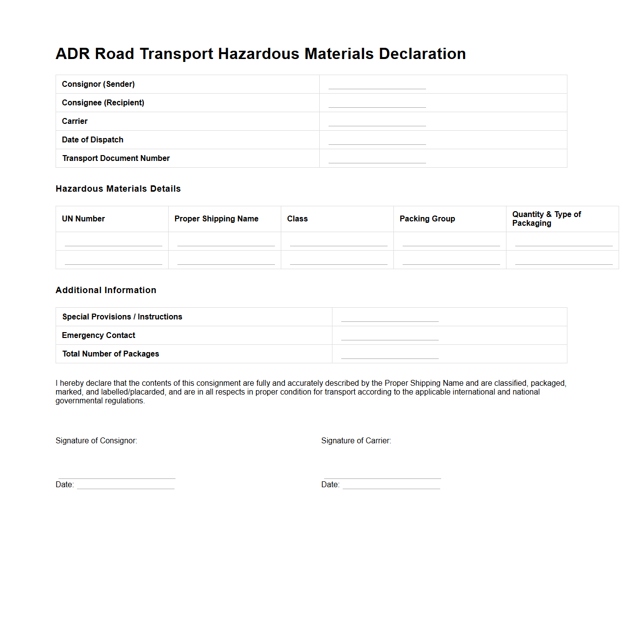 ADR Road Transport Hazardous Materials Declaration