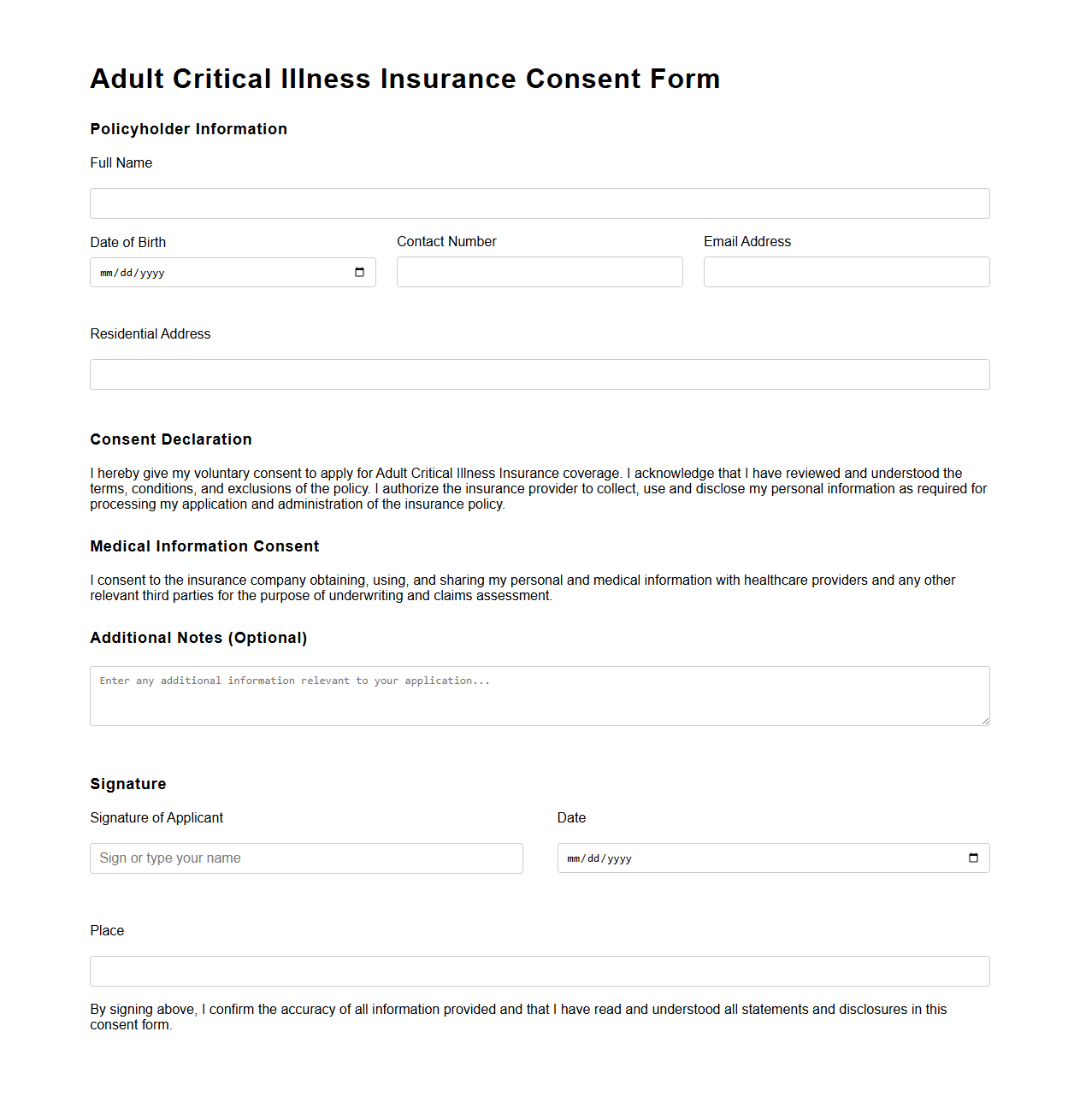 Adult Critical Illness Insurance Consent Form Template