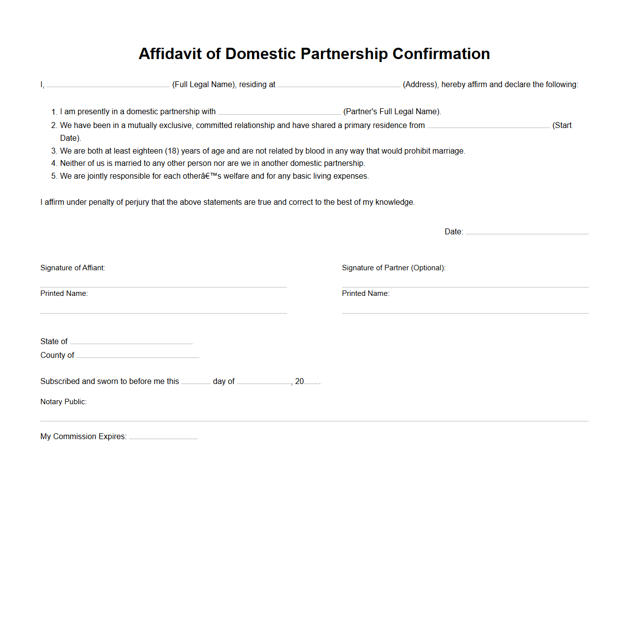 Affidavit of Domestic Partnership Confirmation