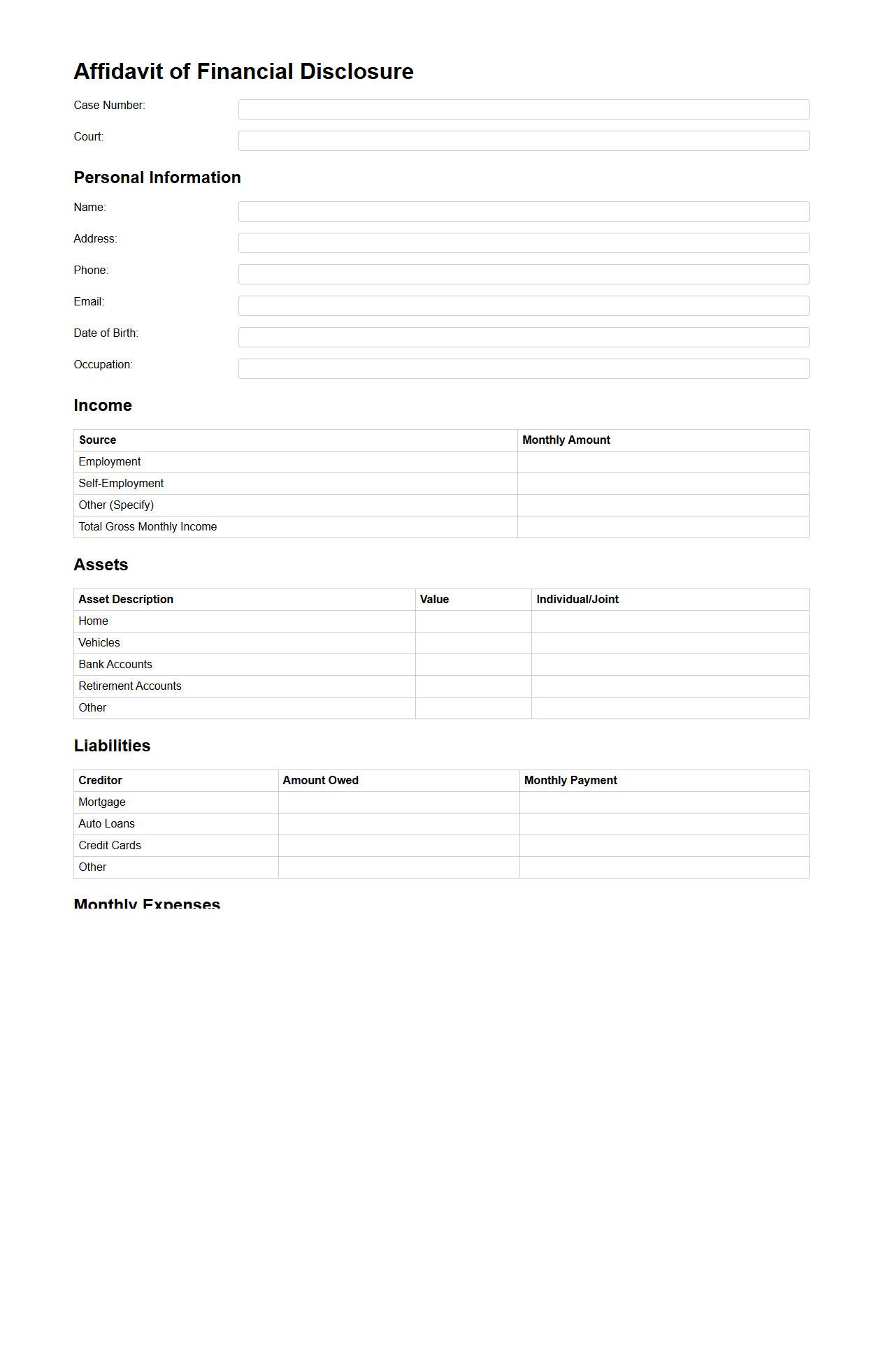 Affidavit of Financial Disclosure for Divorce