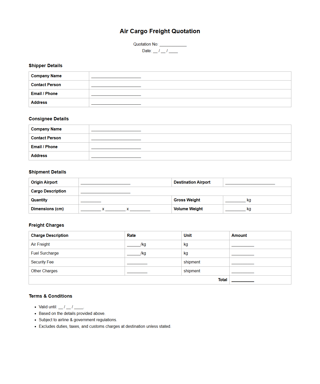 Air Cargo Freight Quotation Format