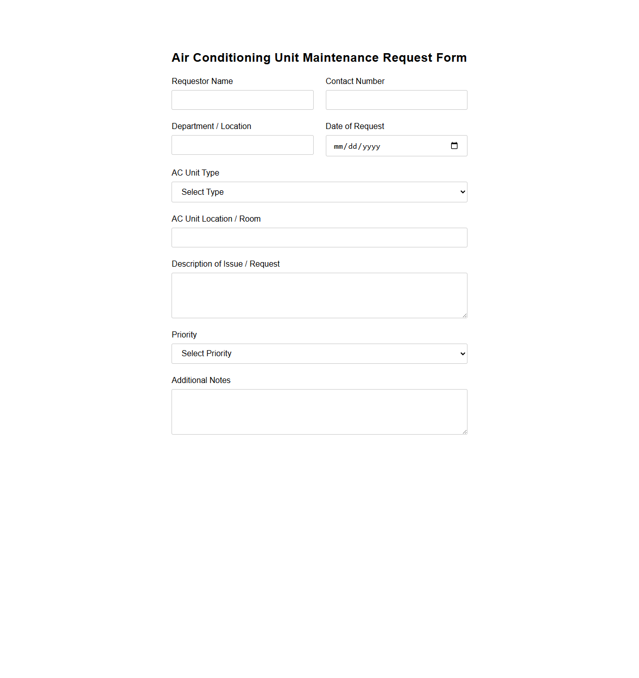 Air Conditioning Unit Maintenance Request Form