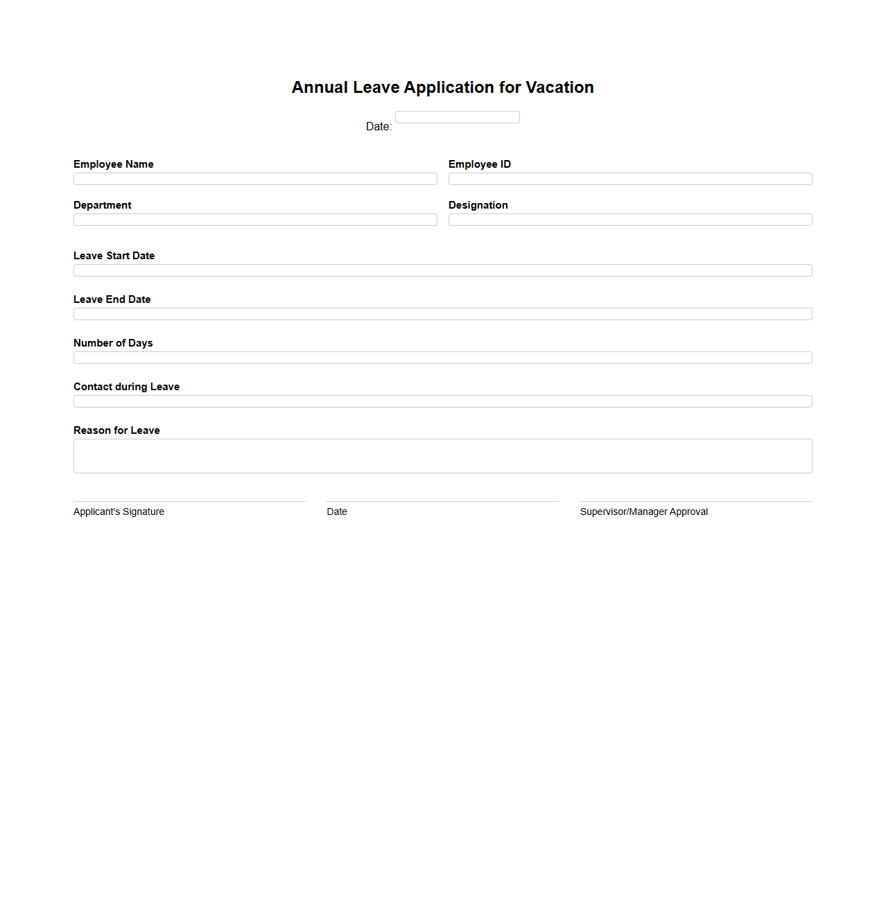 Annual Leave Application for Vacation Template