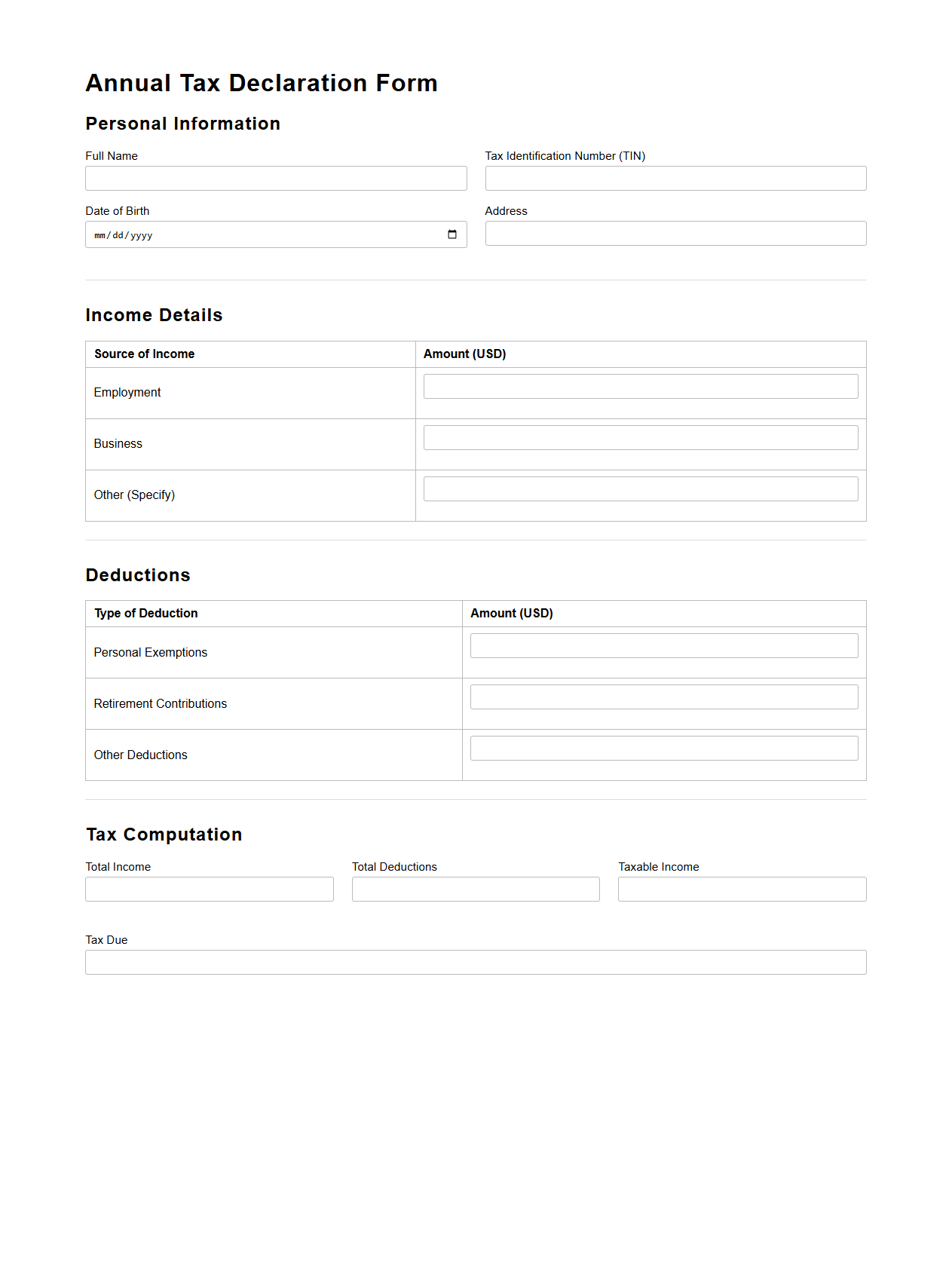 Annual Tax Declaration Sample for Individuals