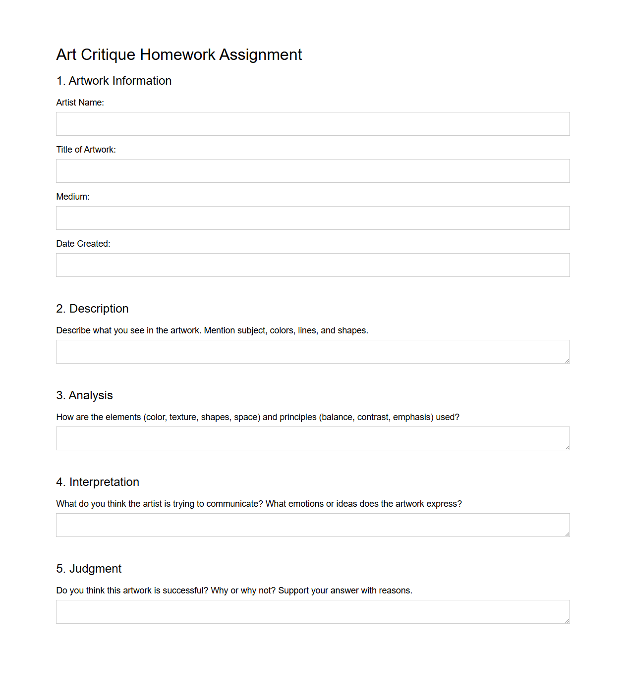 Art Critique Homework Assignment Structure for Secondary Students
