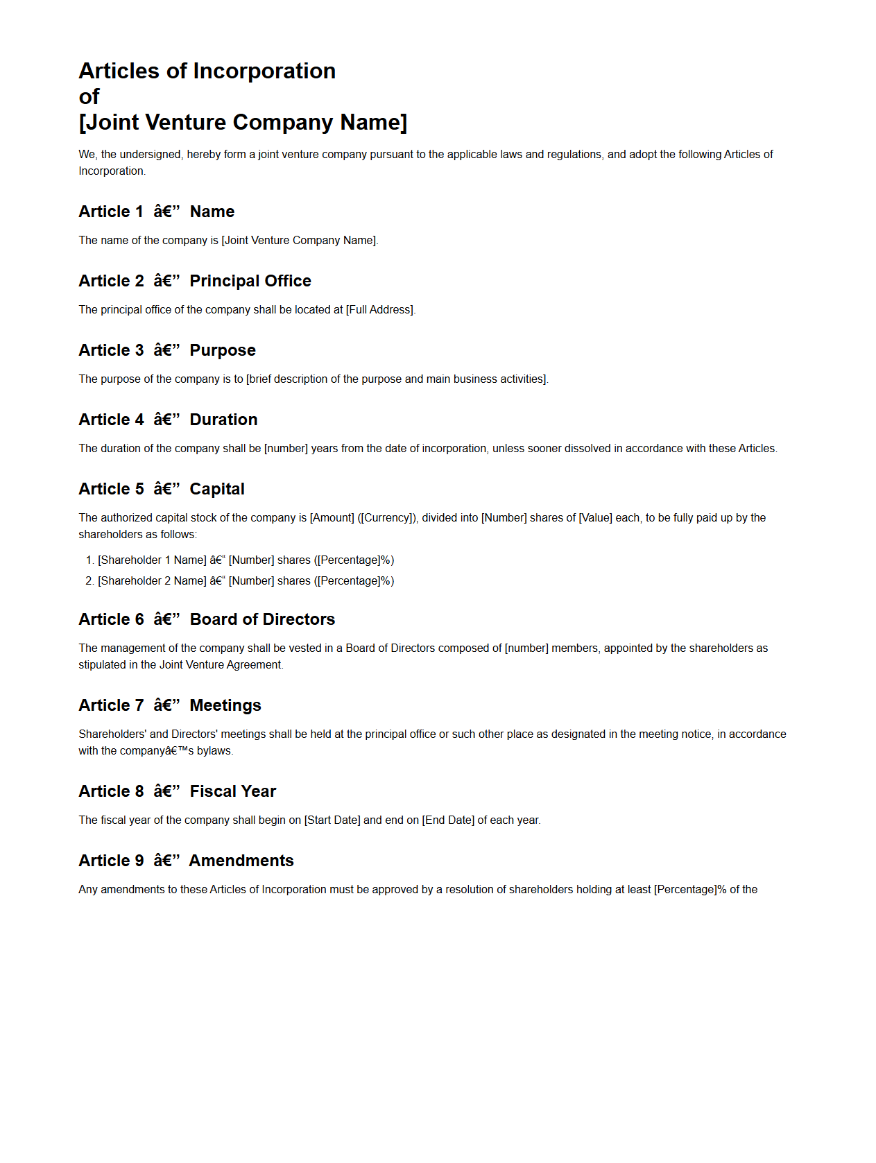 Articles of Incorporation for Joint Venture Company Structure
