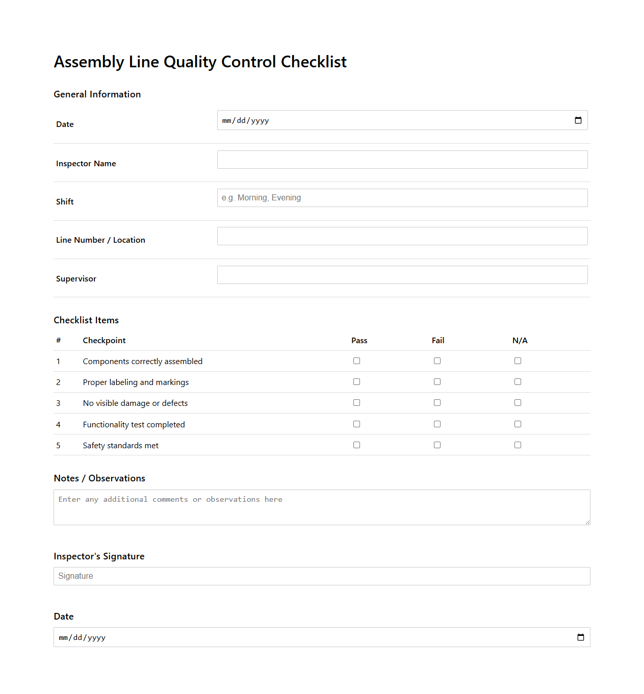 Assembly Line Quality Control Checklist Template