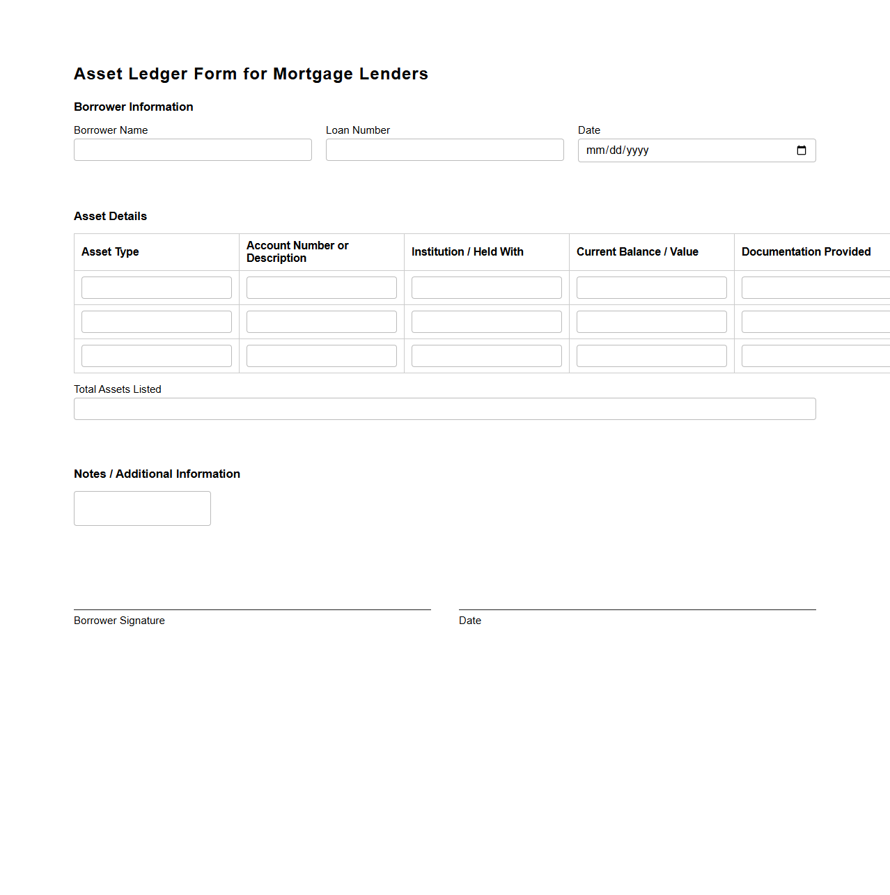 Asset Ledger Form for Mortgage Lenders