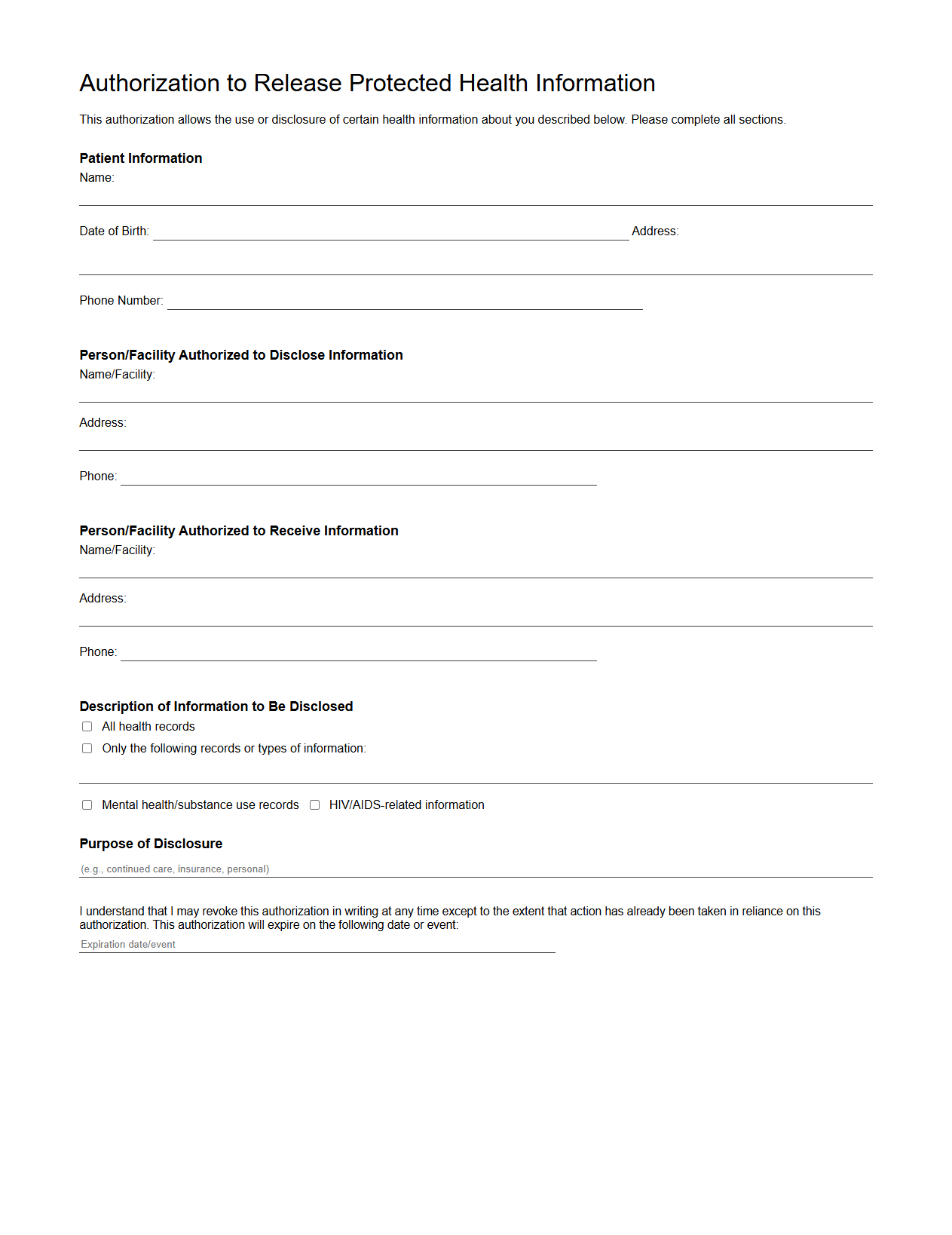 Authorization to Release Protected Health Information under HIPAA