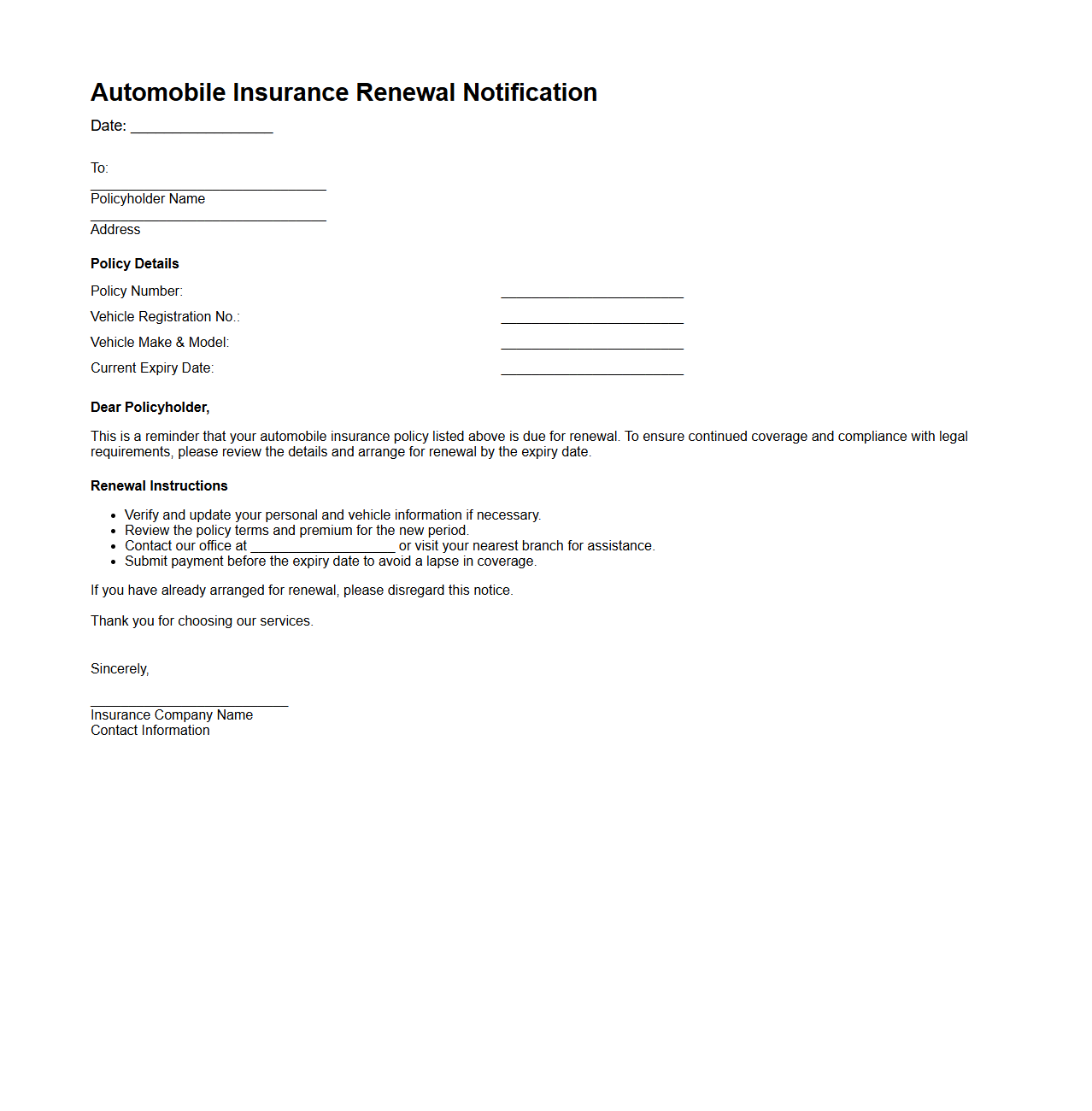 Automobile Insurance Renewal Notification Sample