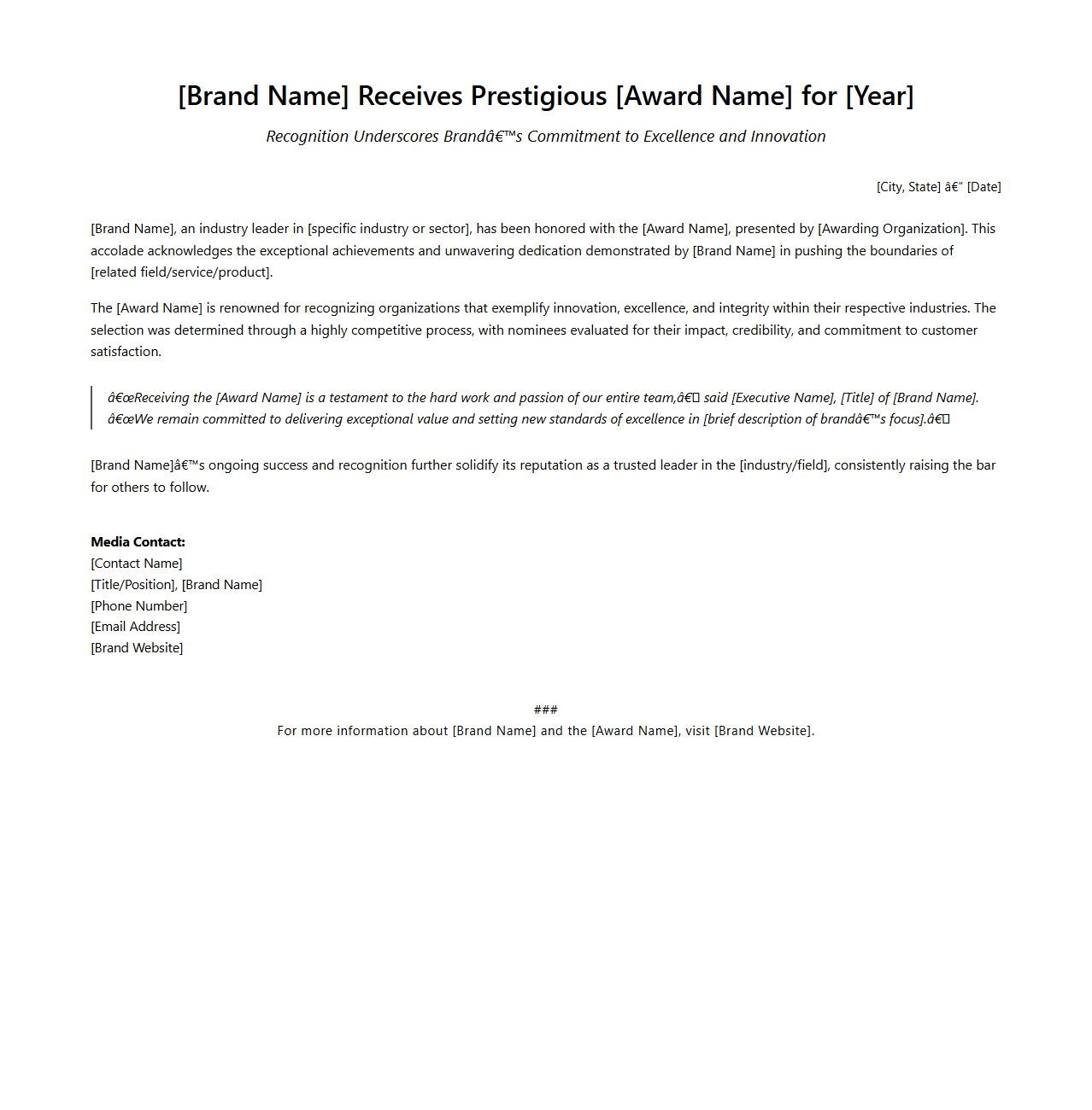 Award Recognition Press Release Example for Brand Credibility