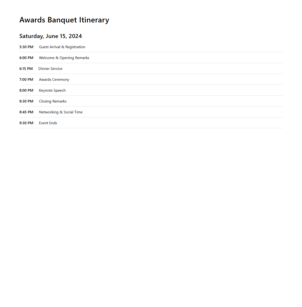 Awards Banquet Itinerary Example