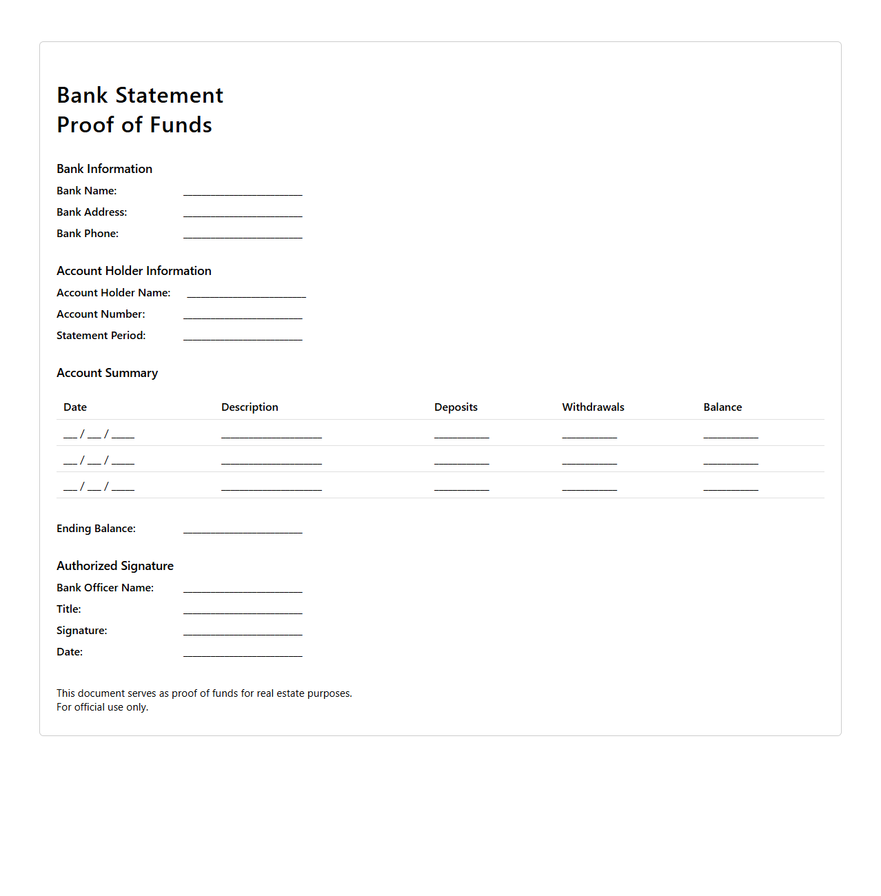 Bank Statement Proof of Funds Template for Real Estate