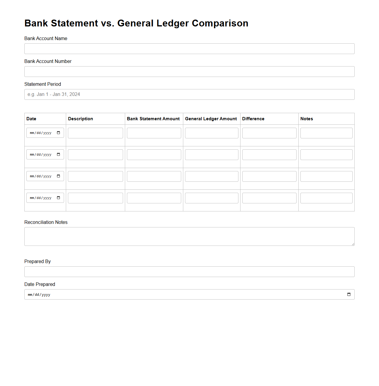 Bank Statement vs. General Ledger Comparison Form