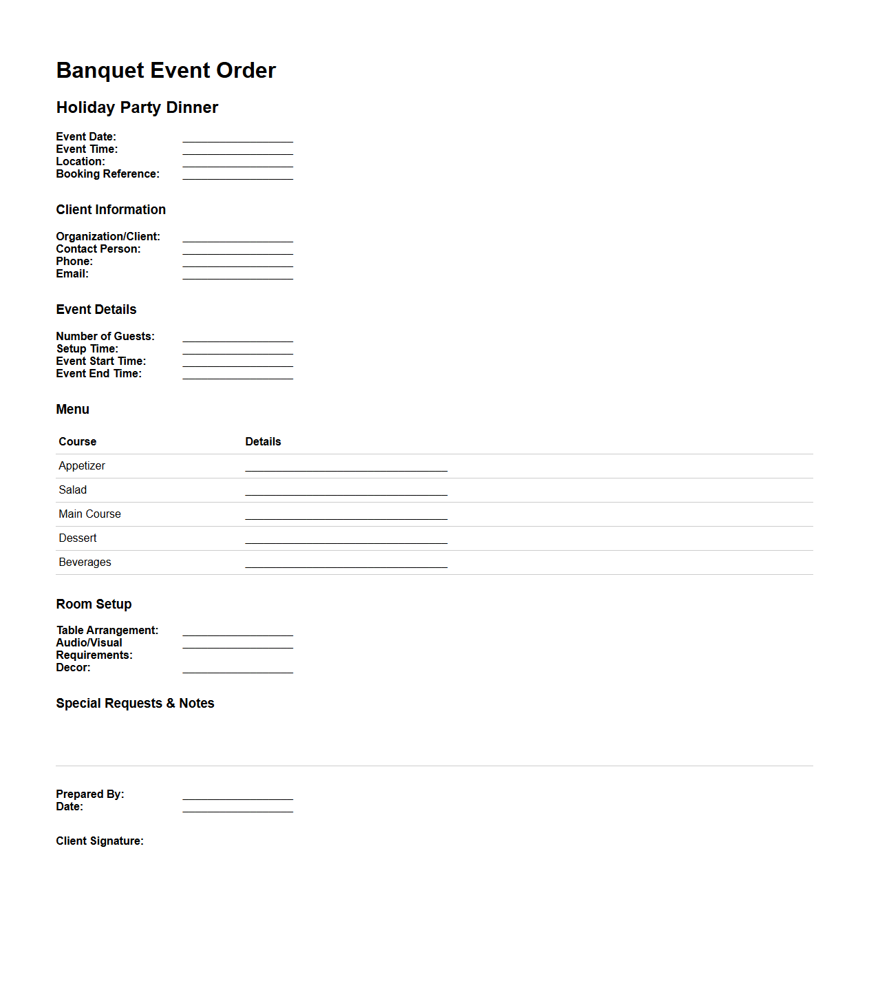 Banquet Event Order for Holiday Party Dinner