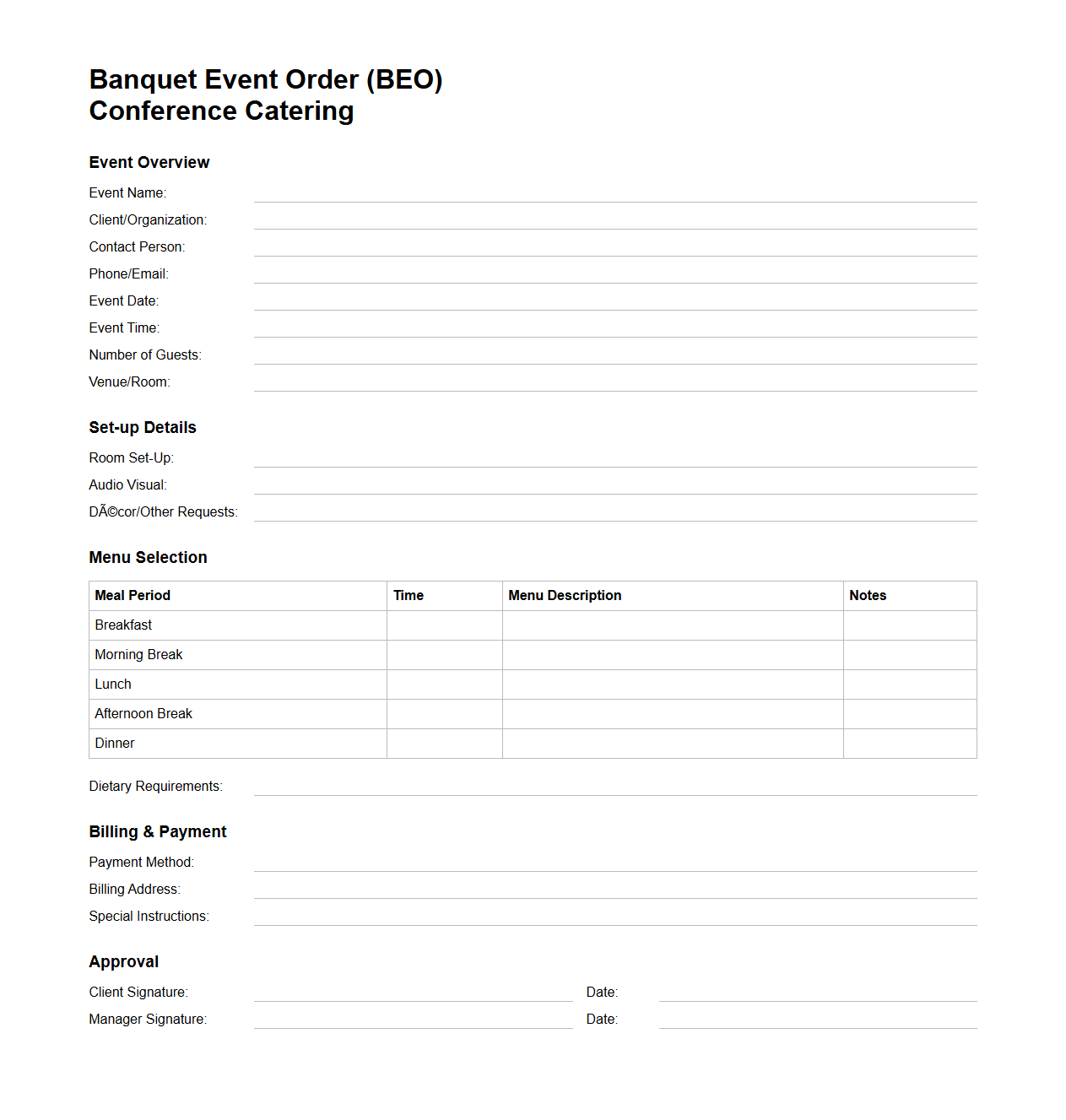 Banquet Event Order Template for Conference Catering