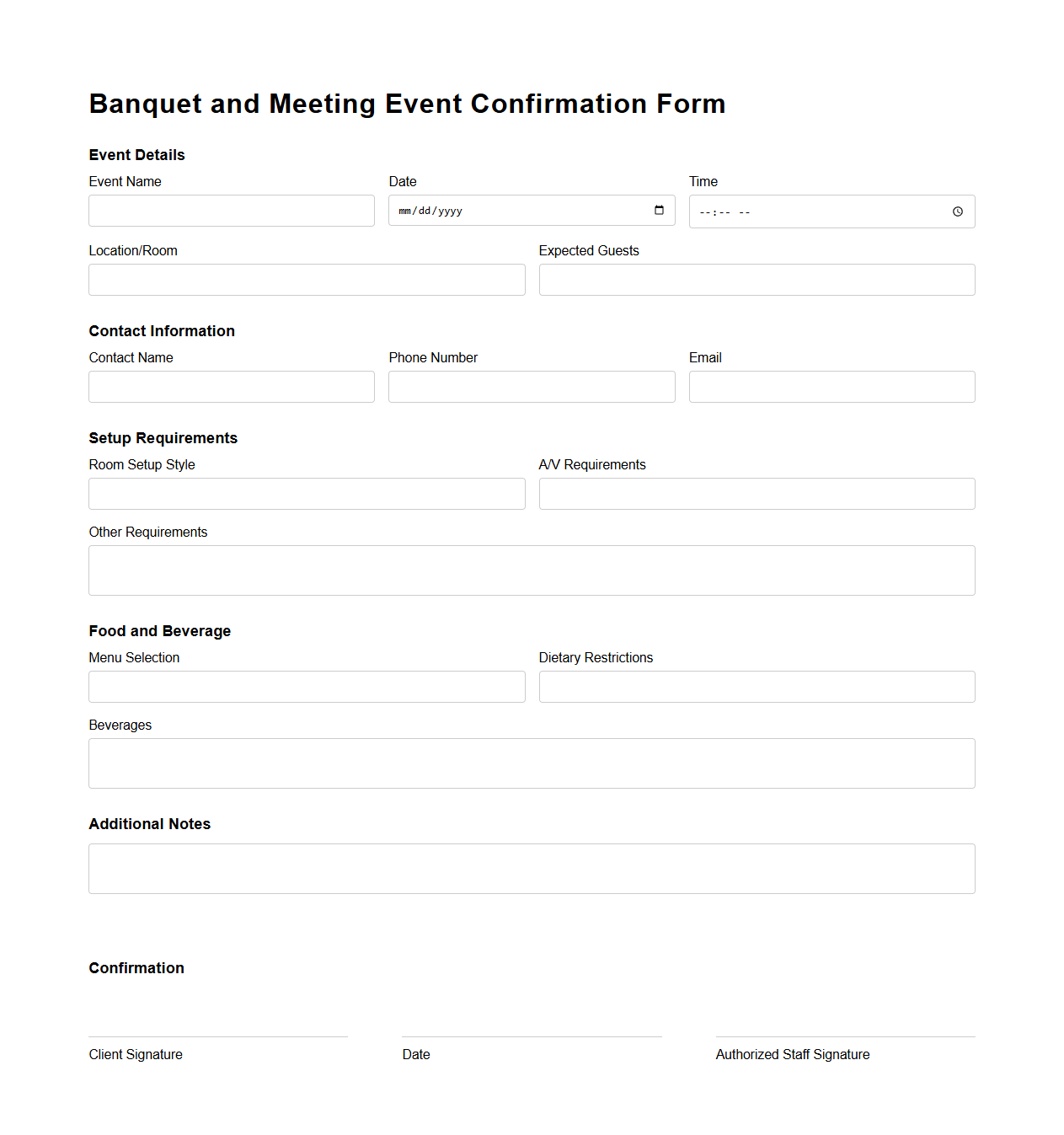 Banquet and Meeting Event Confirmation Form