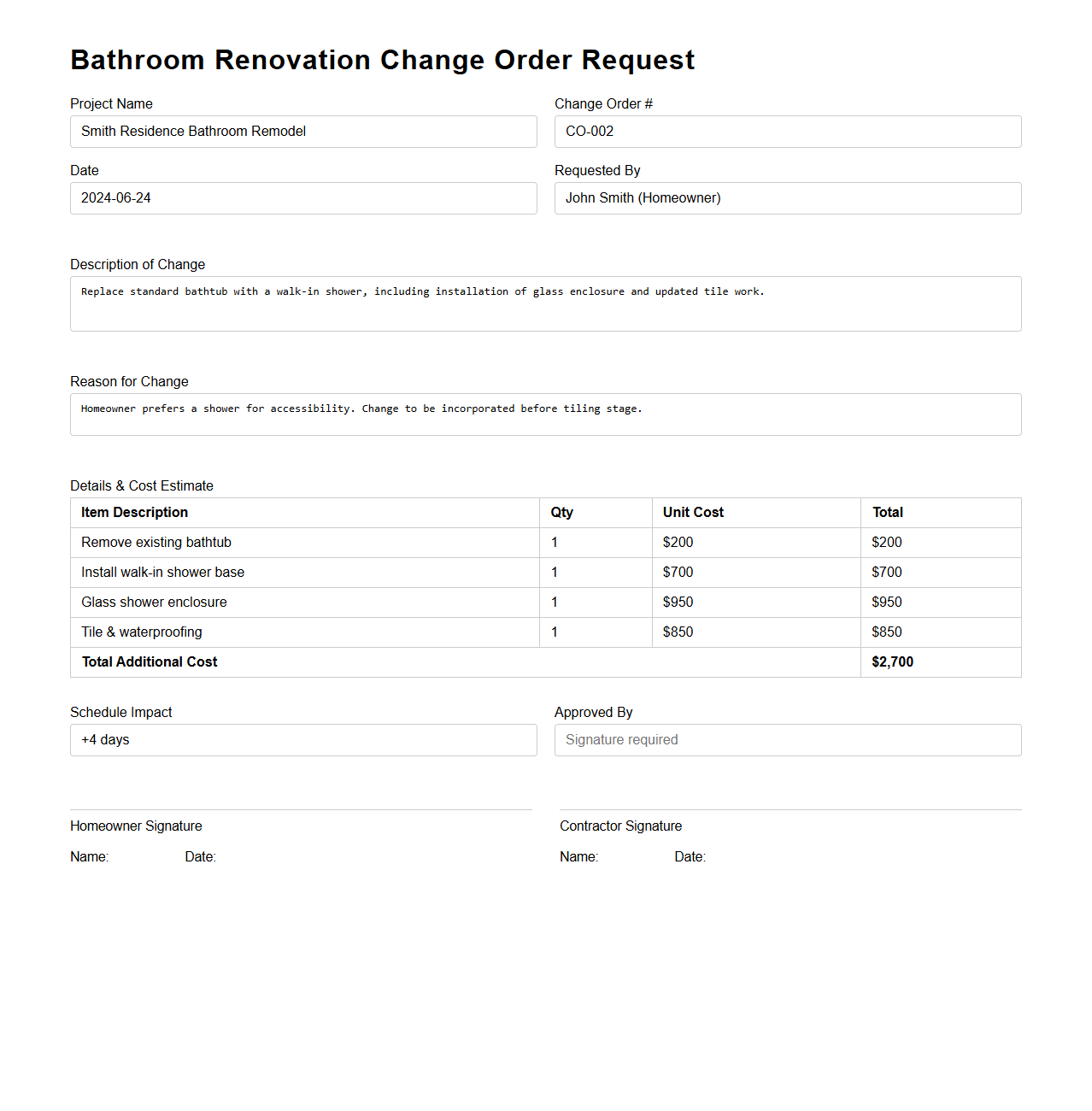 Bathroom Renovation Change Order Request Example