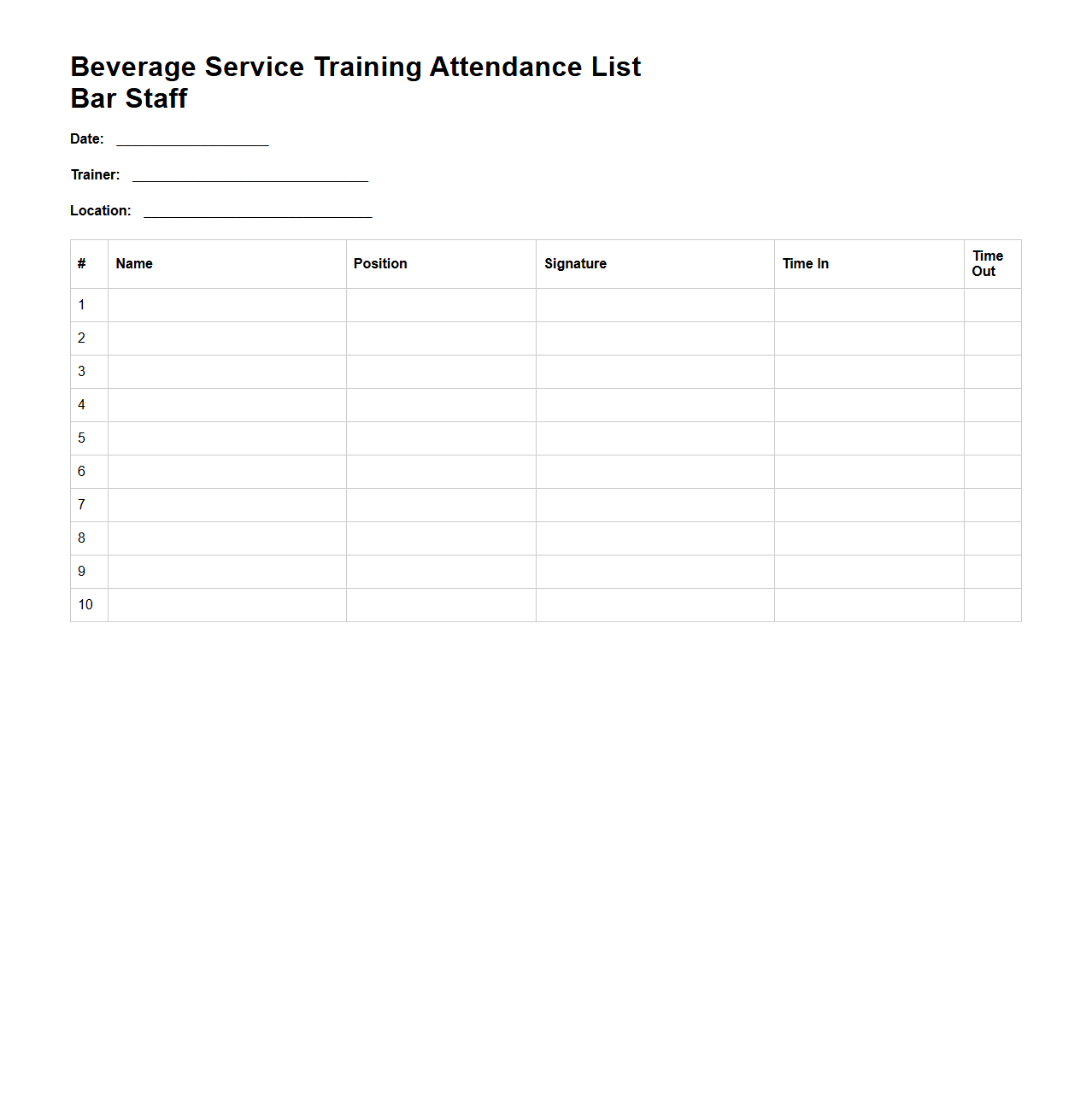 Beverage Service Training Attendance List for Bar Staff