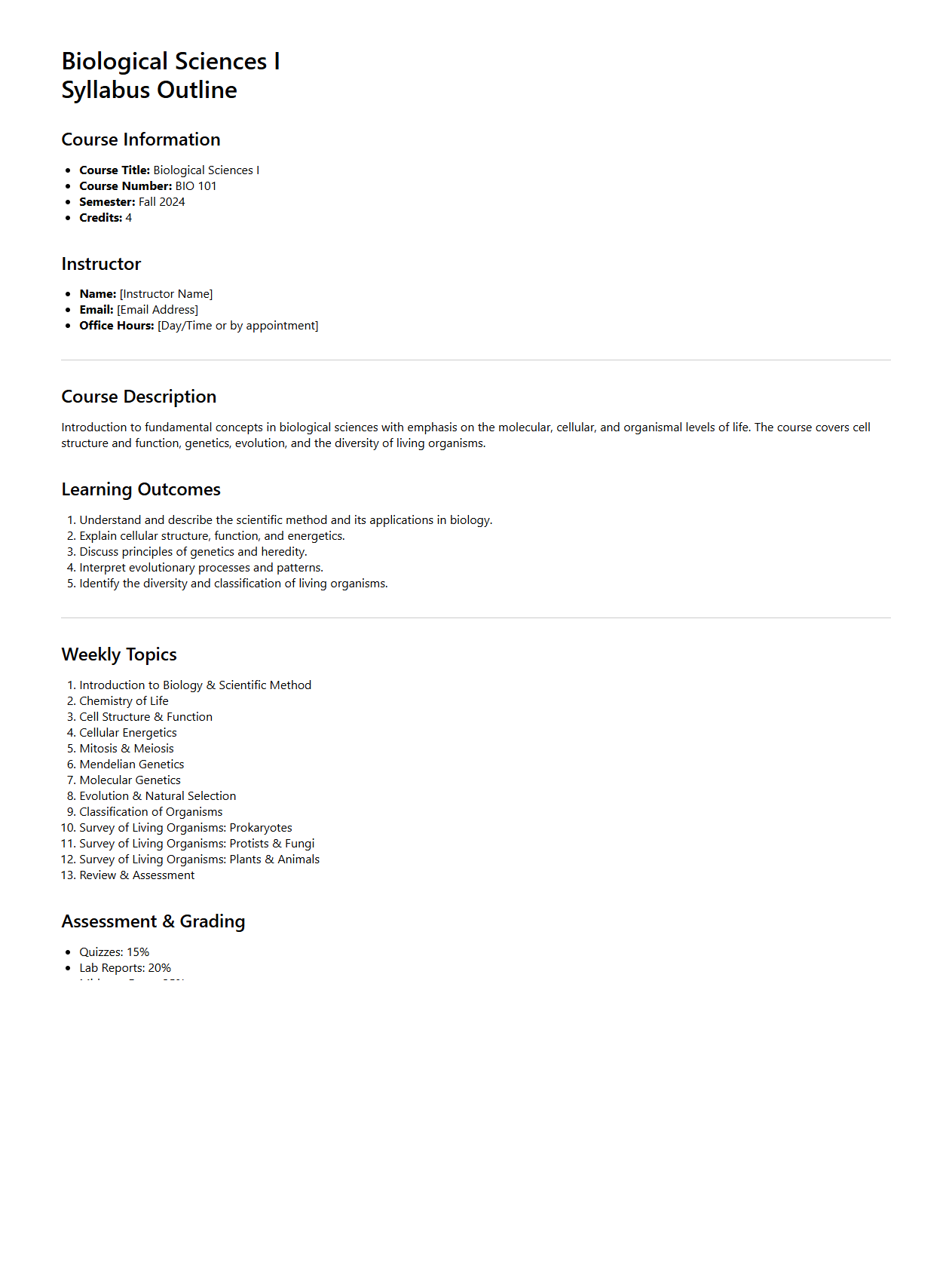 Biological Sciences I Syllabus Outline