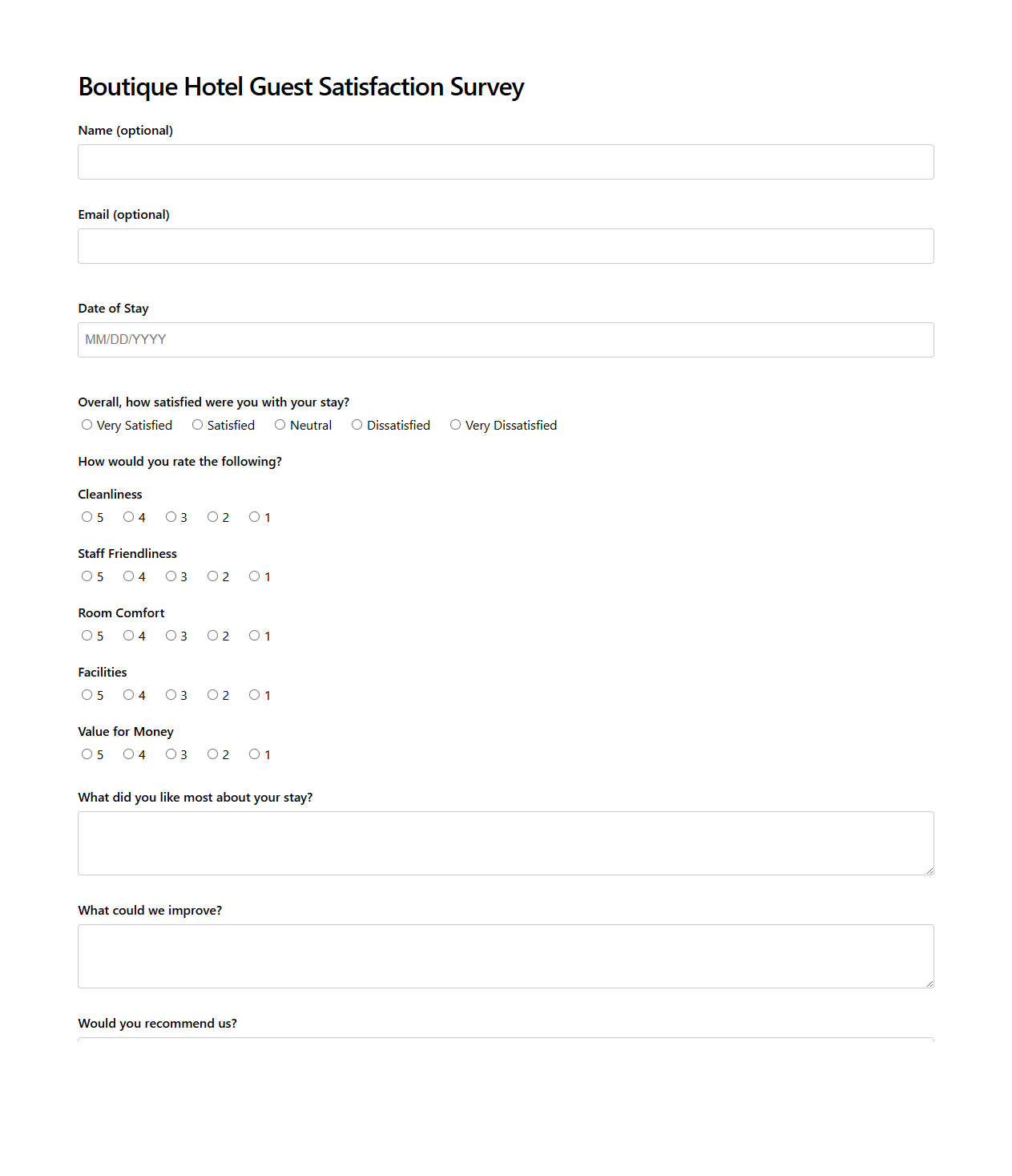 Boutique Hotel Guest Satisfaction Survey Template