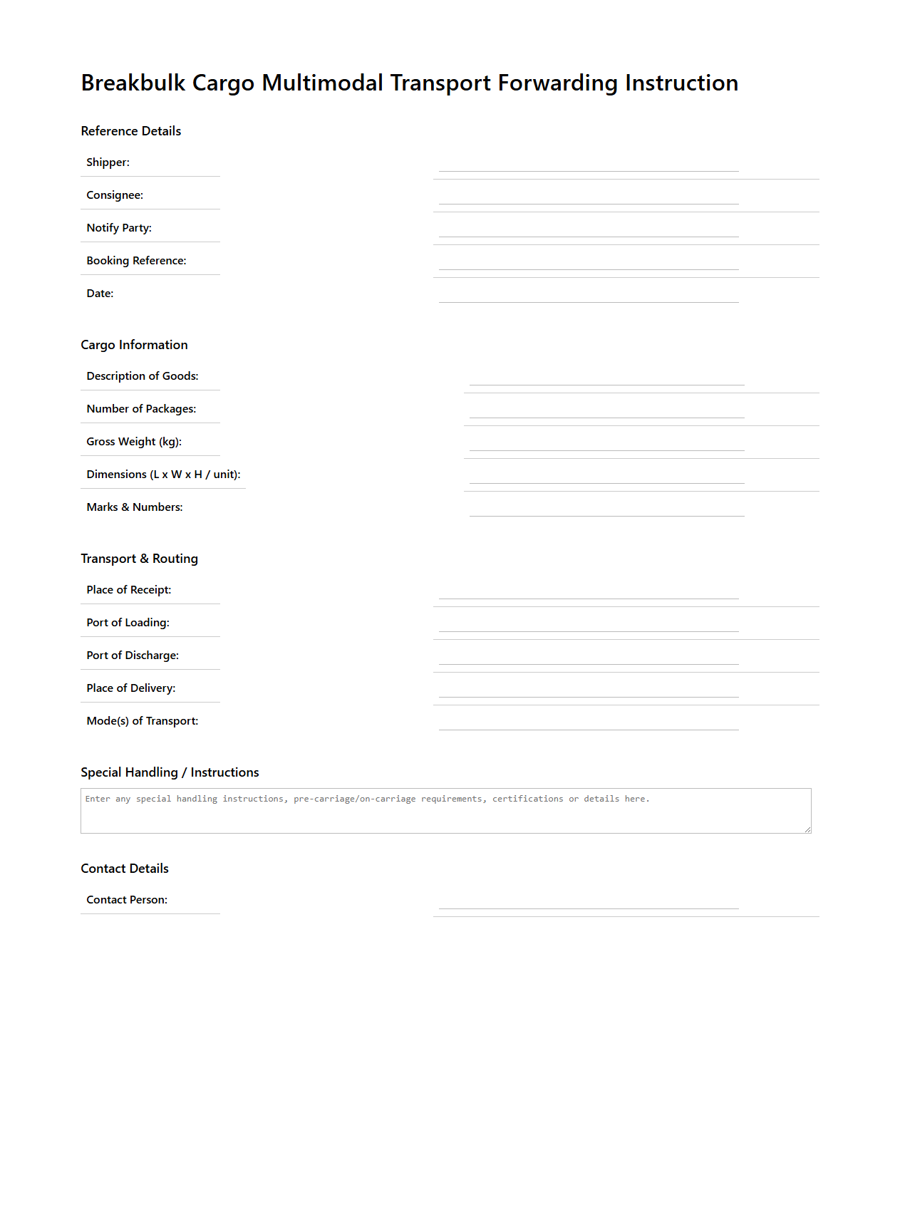 Breakbulk Cargo Multimodal Transport Forwarding Instruction Template