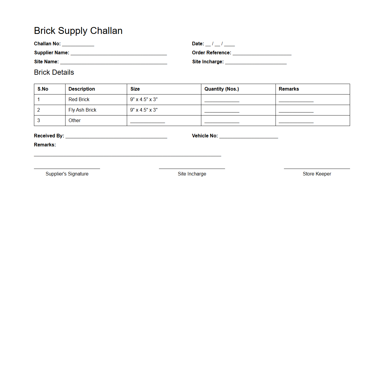Brick Supply Challan Example for Site Management