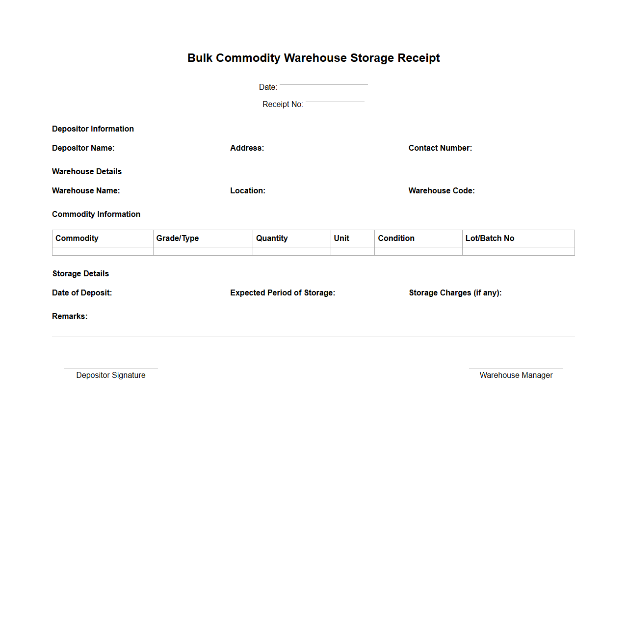 Bulk Commodity Warehouse Storage Receipt Example