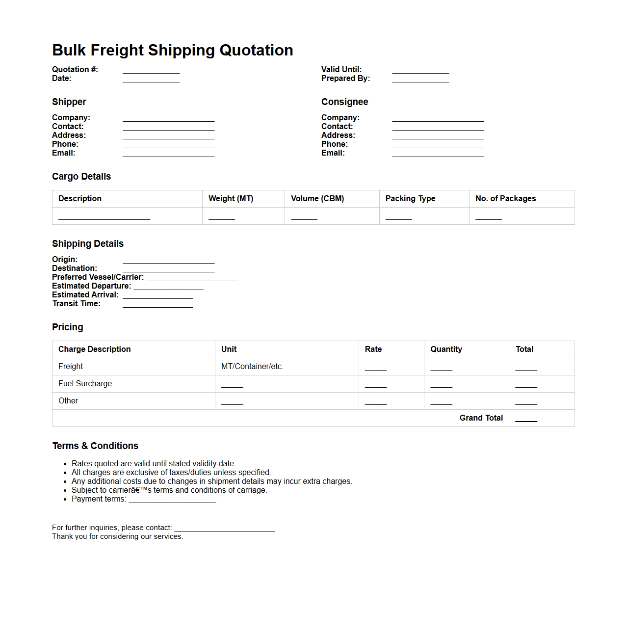 Bulk Freight Shipping Quotation Example