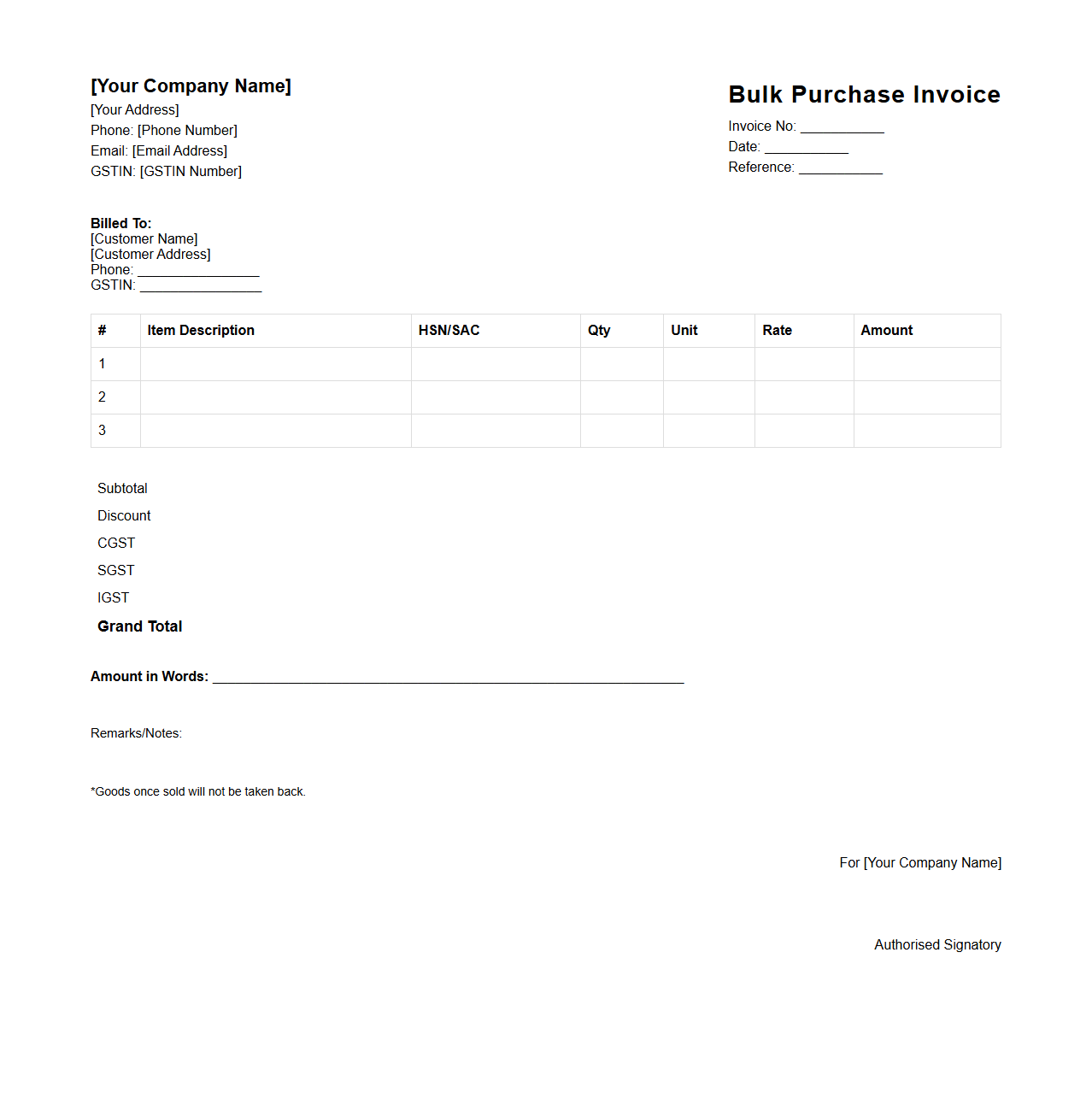 Bulk Purchase Invoice Format for Retail