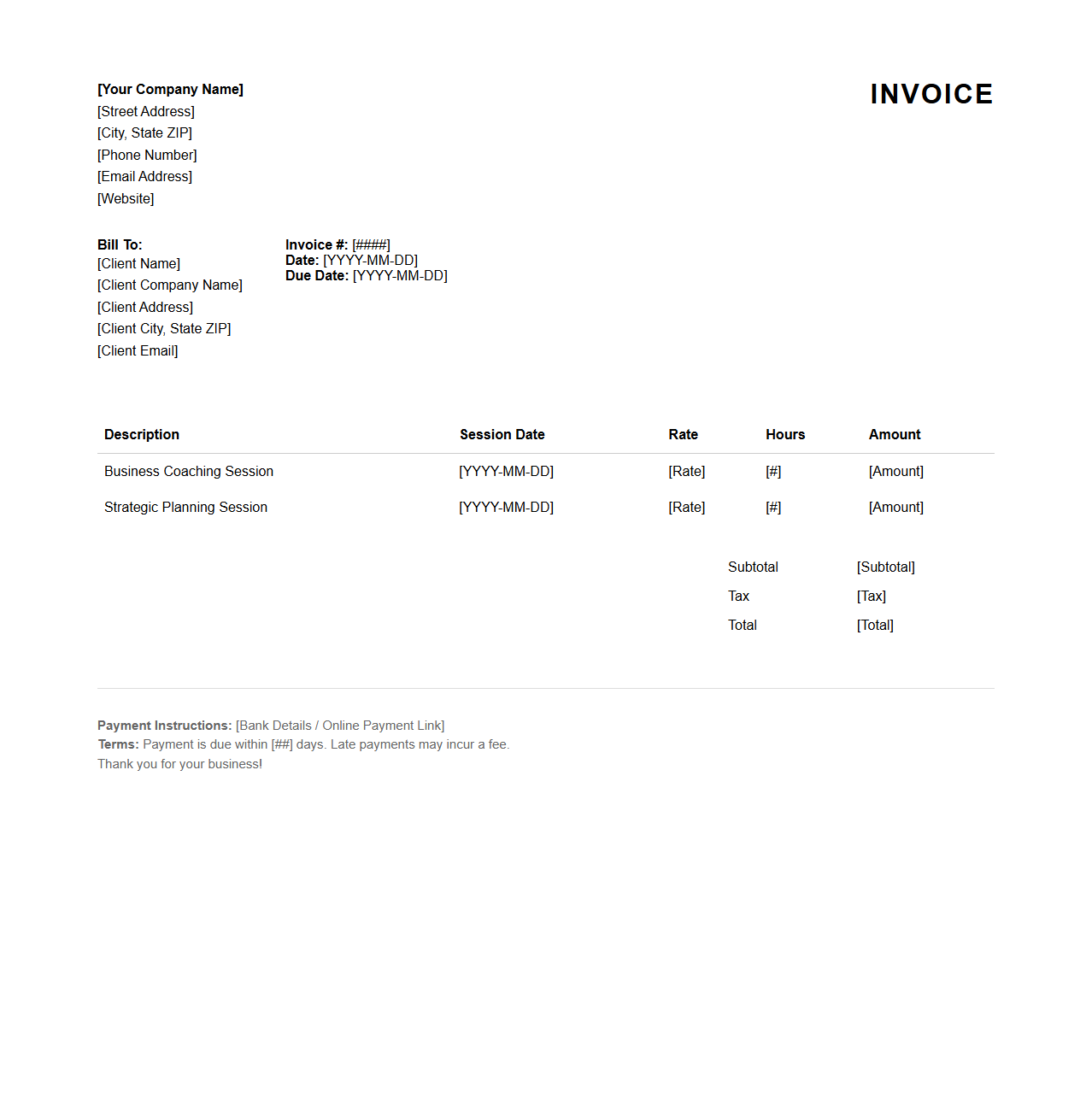 Business Coaching Services Invoice